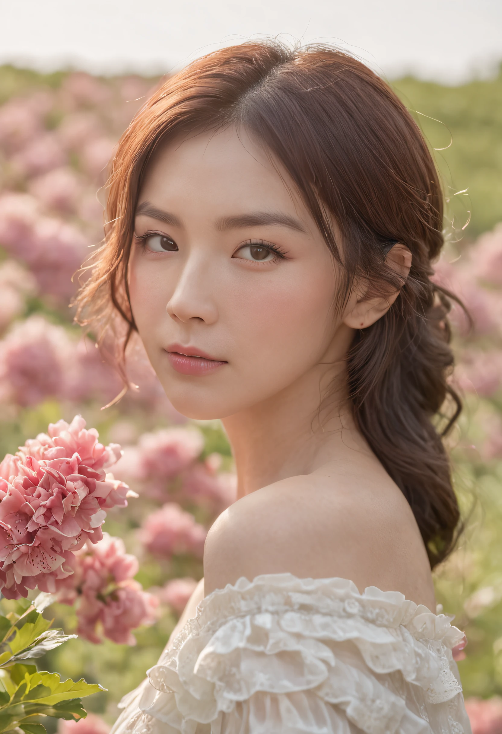 top-quality、masterpiece、超A high resolution、(Photorealsitic:1.4)、Raw photo、woman、age 30s、doress、off shoulders、flower field、鎖骨、Beautiful Japan
