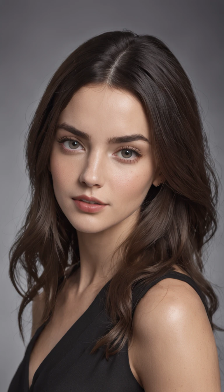photos realistic "Ana de Armas", Black medium long hair, expressive and striking black eyes, Delicate features, defined cheekbones, Soft, rounded chin. bright skin in natural tones,, Healthy and radiant appearance, 1.68 to 1.Height 70 meters, Slim and athletic, Soft curves. Elegant and sensual attire, Elegant and modern style, Formal and sophisticated clothing.masutepiece.