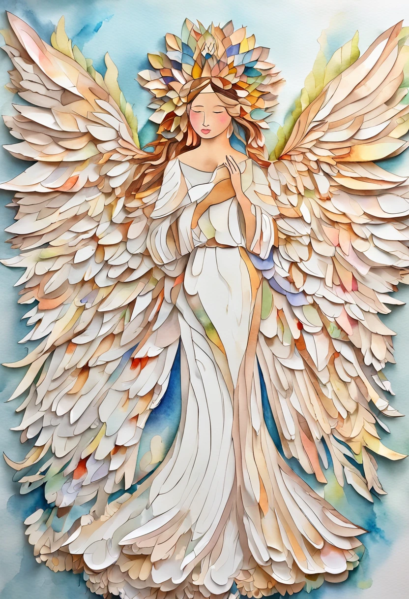 (FULL BODYSHOT:1.4), White background, (1 Angel Girl,Glowing wings, Halo, Exquisite headdress, Smile), (paper art, Quilted Paper Art, Geometry), highly colorful
