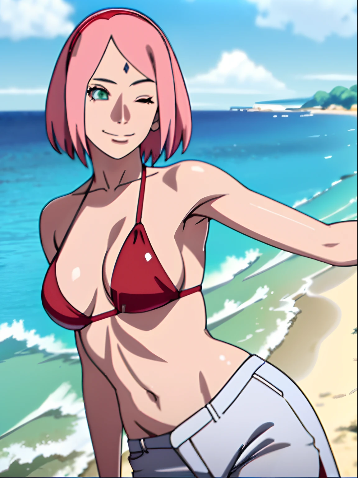 masterpiece, 4k, portrait, closeup, professional artwork, detailed beach background, intricate details, colorful, digital blending, (ultra detailed body, ultra detail hair, ultra detail face), trending on pixiv, kind smile, best quality, anime style: 1.9, 1girl, hires, haruno sakura, (forehead mark, milf, red hairband, pale skin, small breasts, short hair, ((red micro bikini top, bikini top only), white pants), (navel, belly button, bracelet, pink hair, closed mouth, big eyes), smile, beach, wind, floating hair, detailed arms, off-shoulders, broad shoulders, slightly muscular arms, (dirty armpits, armpit pocket), standing, winking, one eye closed)