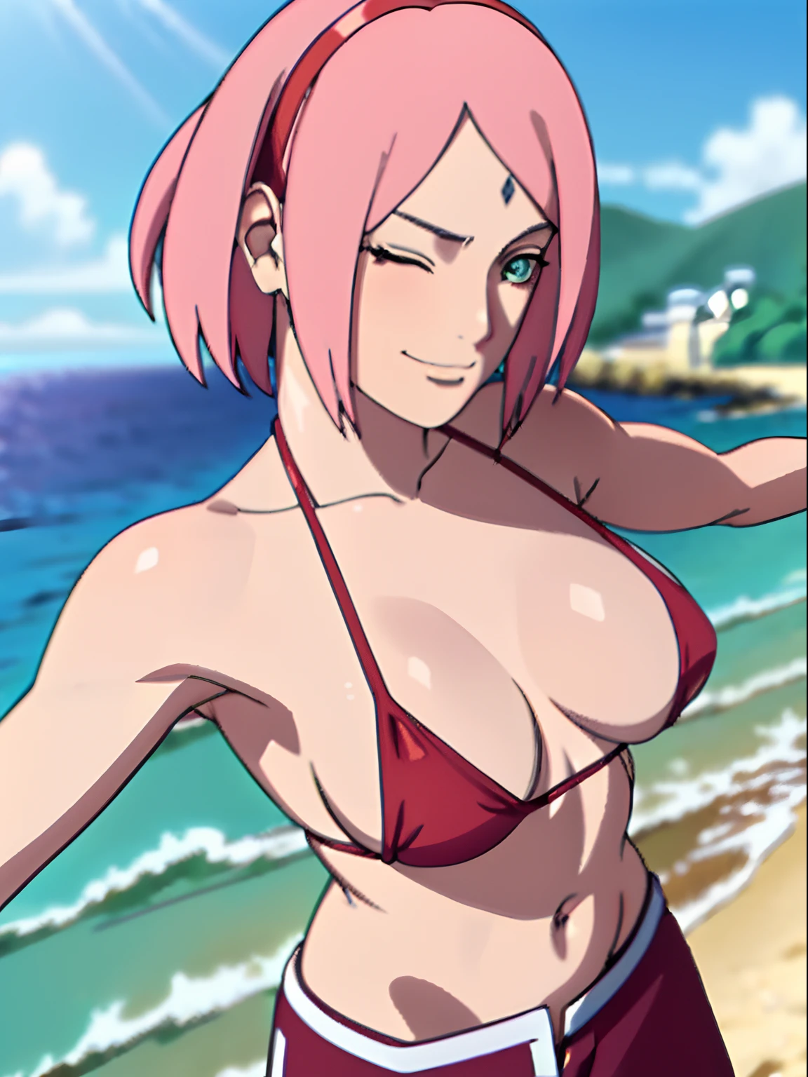 masterpiece, 4k, portrait, closeup, professional artwork, detailed beach background, intricate details, colorful, digital blending, (ultra detailed body, ultra detail hair, ultra detail face), trending on pixiv, kind smile, best quality, anime style: 1.9, 1girl, hires, haruno sakura, (forehead mark, milf, red hairband, pale skin, small breasts, short hair, ((red micro bikini top, bikini top only), white pants), (navel, belly button, bracelet, pink hair, closed mouth, big eyes), smile, beach, wind, floating hair, detailed arms, off-shoulders, broad shoulders, slightly muscular arms, (dirty armpits, armpit pocket), standing, winking, one eye closed)