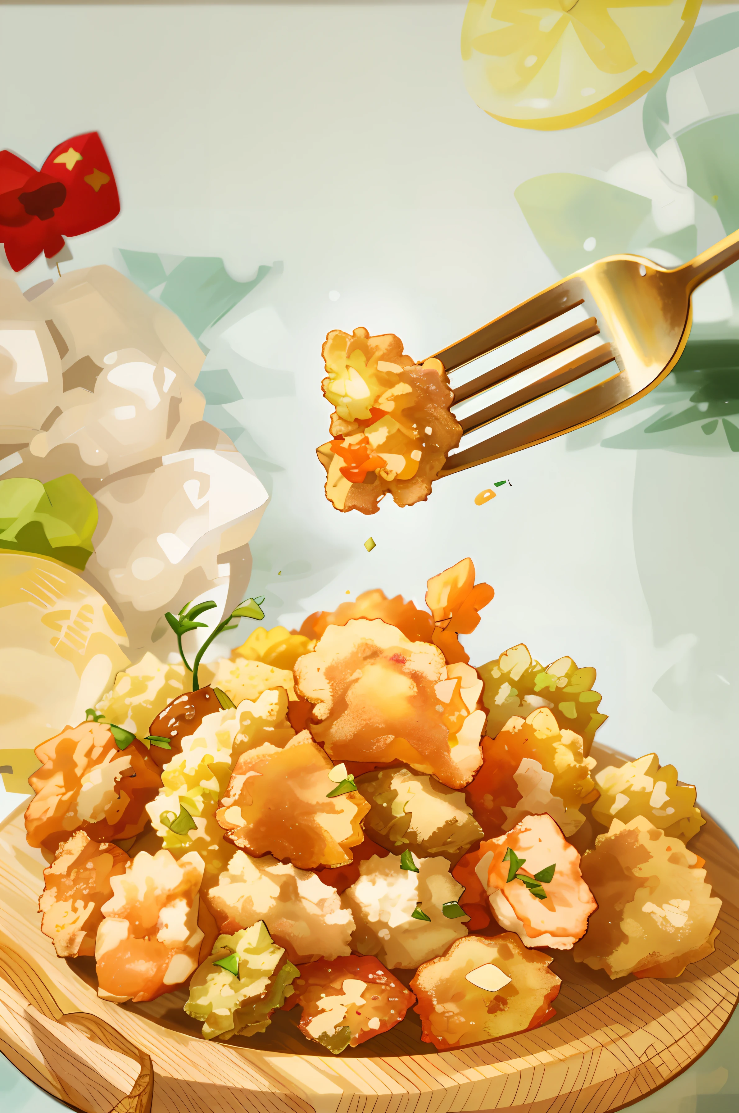 There is a wooden plate，There is a bunch of fried food on top, closeup at the food, very crispy, high quality food photography, crisp and sharp, Partial, food, best on adobe stock, appetizing, chicken nuggets, Shrimp, Tempura on the panel, Ready to eat, Chicken, crispy, delicacy, Fried chicken, food commercial 4 k, Holiday