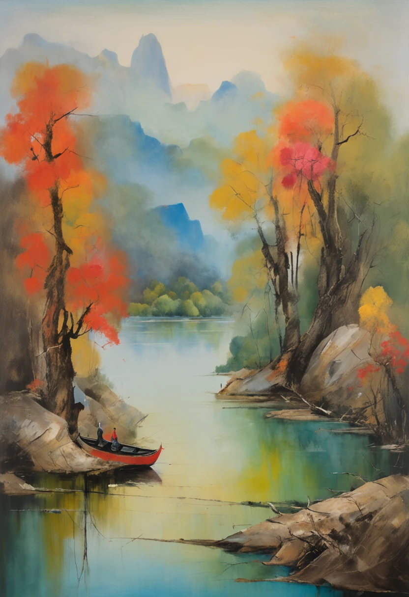 painting of a mountain landscape with a lake and a boat, illustration matte painting, by Li Tiefu, artwork in the style of z.w. gu, chinese surrealism, chinese landscape, inspired by Kanō Naizen, chinese style painting, symmetric matte painting, Constructivism, Suprematism