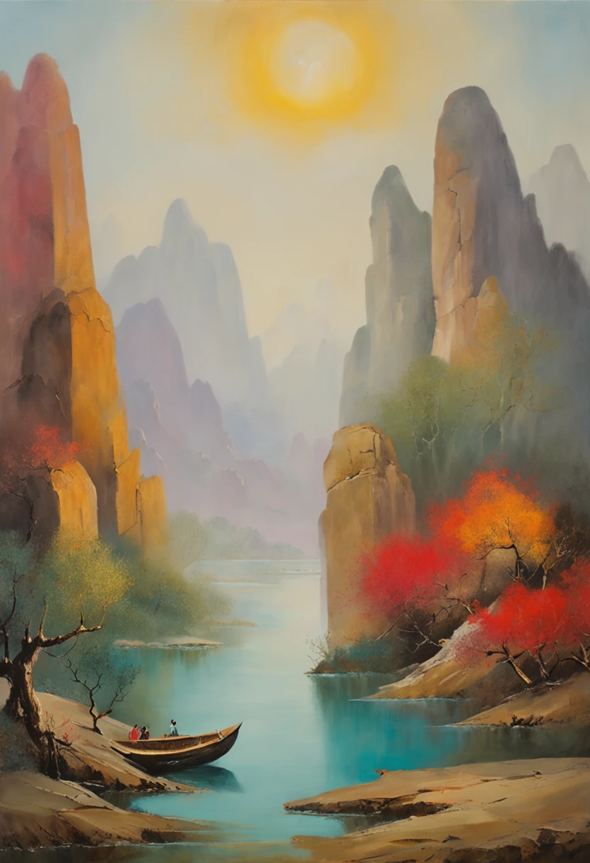 painting of a mountain landscape with a lake and a boat, illustration matte painting, by Li Tiefu, artwork in the style of z.w. gu, chinese surrealism, chinese landscape, inspired by Kanō Naizen, chinese style painting, symmetric matte painting, Constructivism, Suprematism