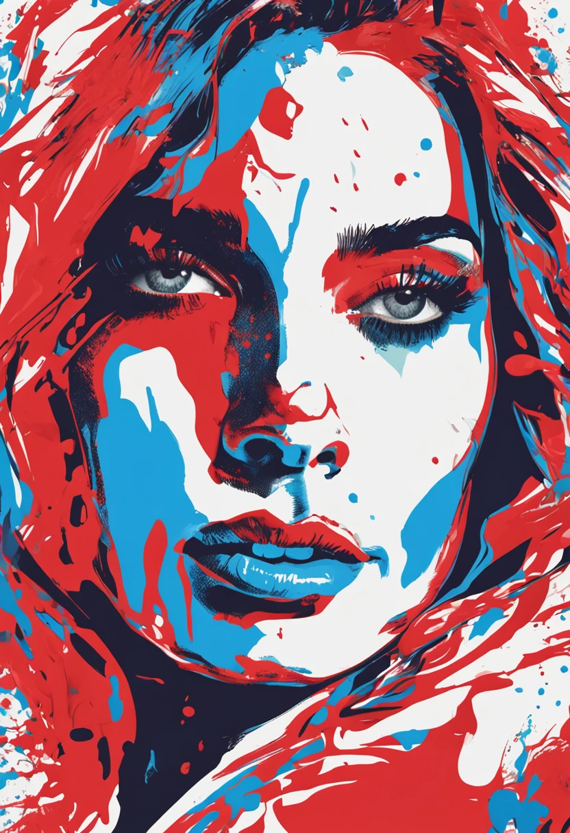 Acrylic paint pouring abstract painting, a hyperrealistic portrait of a beautiful glamour woman blends out of the American flag style paint, in the style of Andy Warhol, reflective, flat color, illustrator, vector