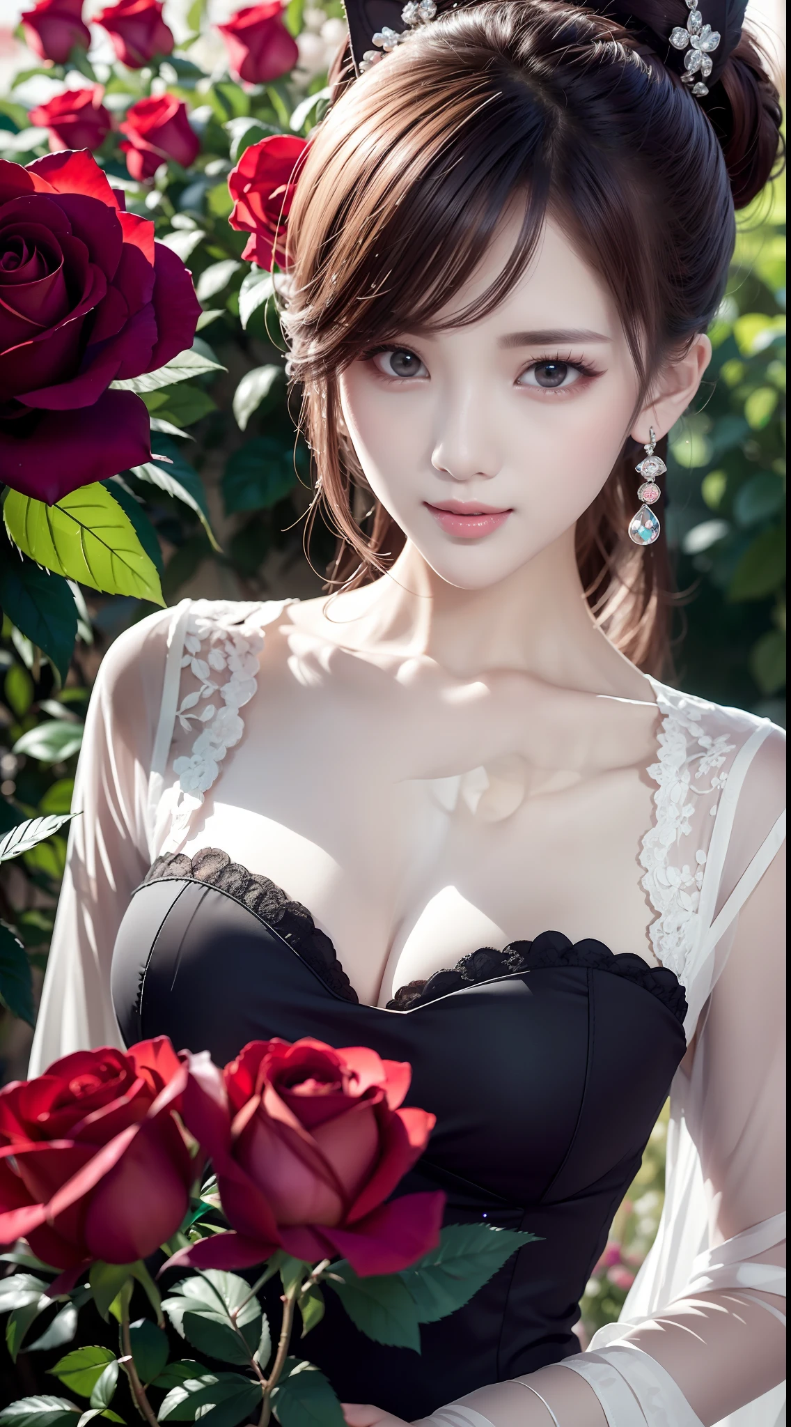 Garden covered with red roses in the background, Silver hair, front ponytail, over-rim eyewear, eyes reflection, Colored Contact Lenses, Pink eyes, Fox ears, Evil smile, High detail, romanticism lain, Depth of field, Sparkle, Ray tracing, viewfinder, zoom layer, Close-up, Bokeh, Anatomically correct, High details, 1080p, hyper HD