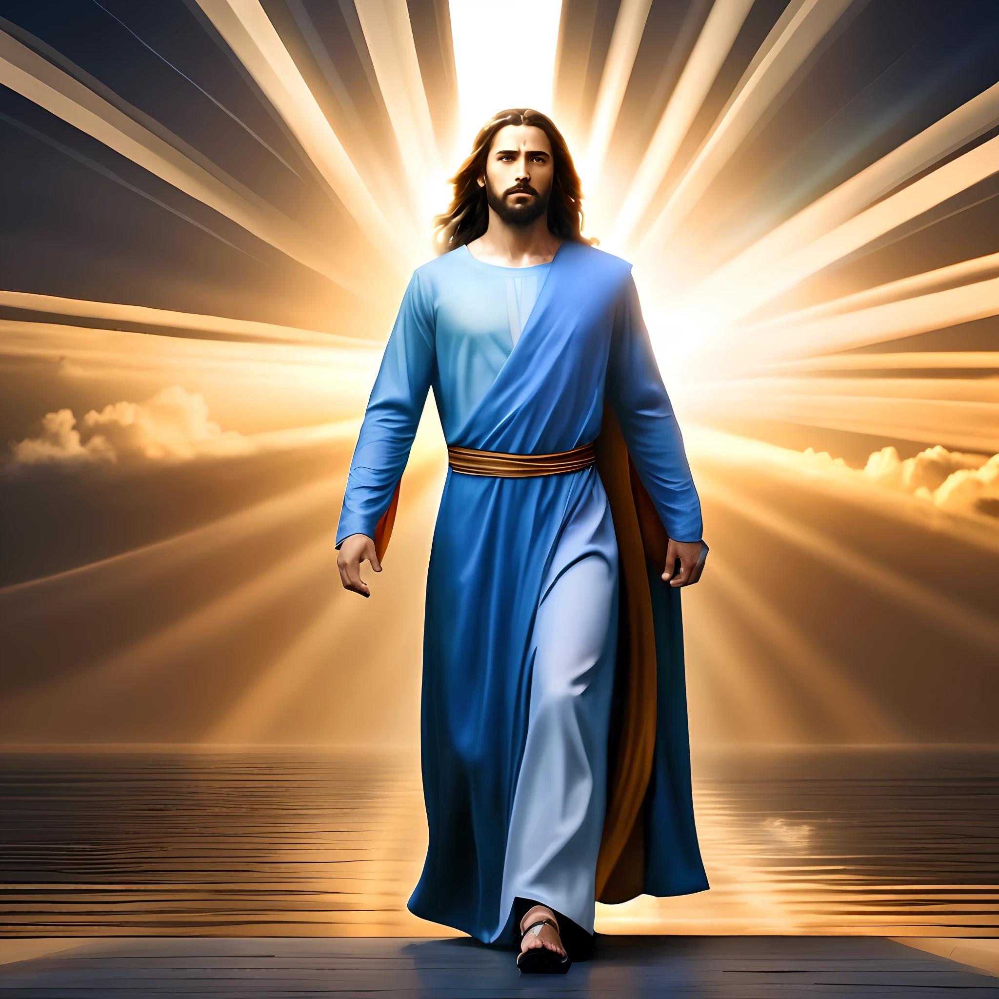 jesus walking on the water with a bright light shining behind him, jesus christ, holy sacred light rays, dressed like jesus christ, glowing god rays, bright light masterpiece, jesus, god sun rays, jesus christ going super saiyan, jesus walking on water, tron legacy jesus christ, the lord and savior, tron legacy jesus, jesus of nazareth, majestic light