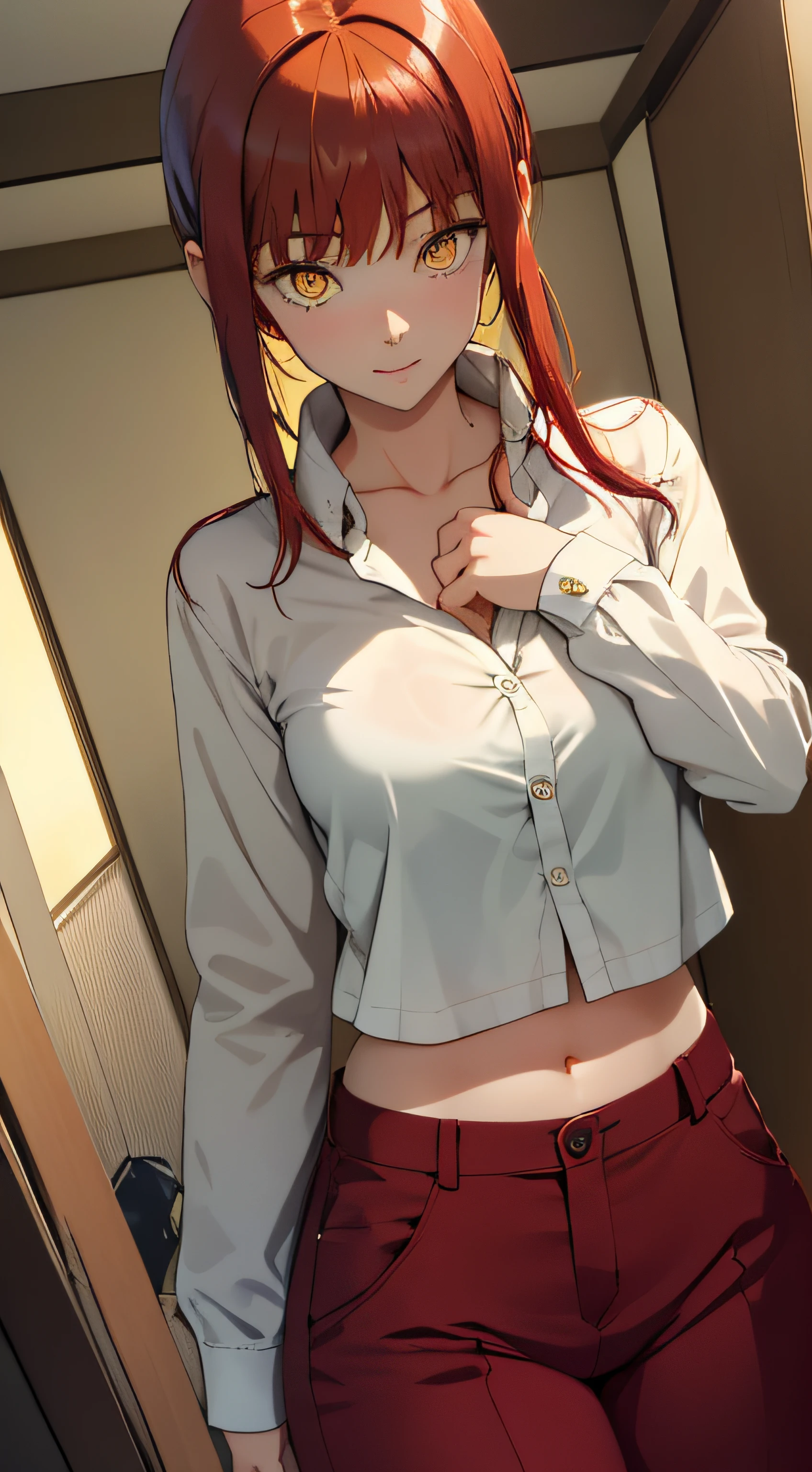 (masterpiece, best quality:1.2), solo, 1girl, red hair, yellow eyes, makima,, unbuttoned shirt with collar, on the chest, a lot of, black unbuttoned pants, wide hips, no panties, wet, hot.