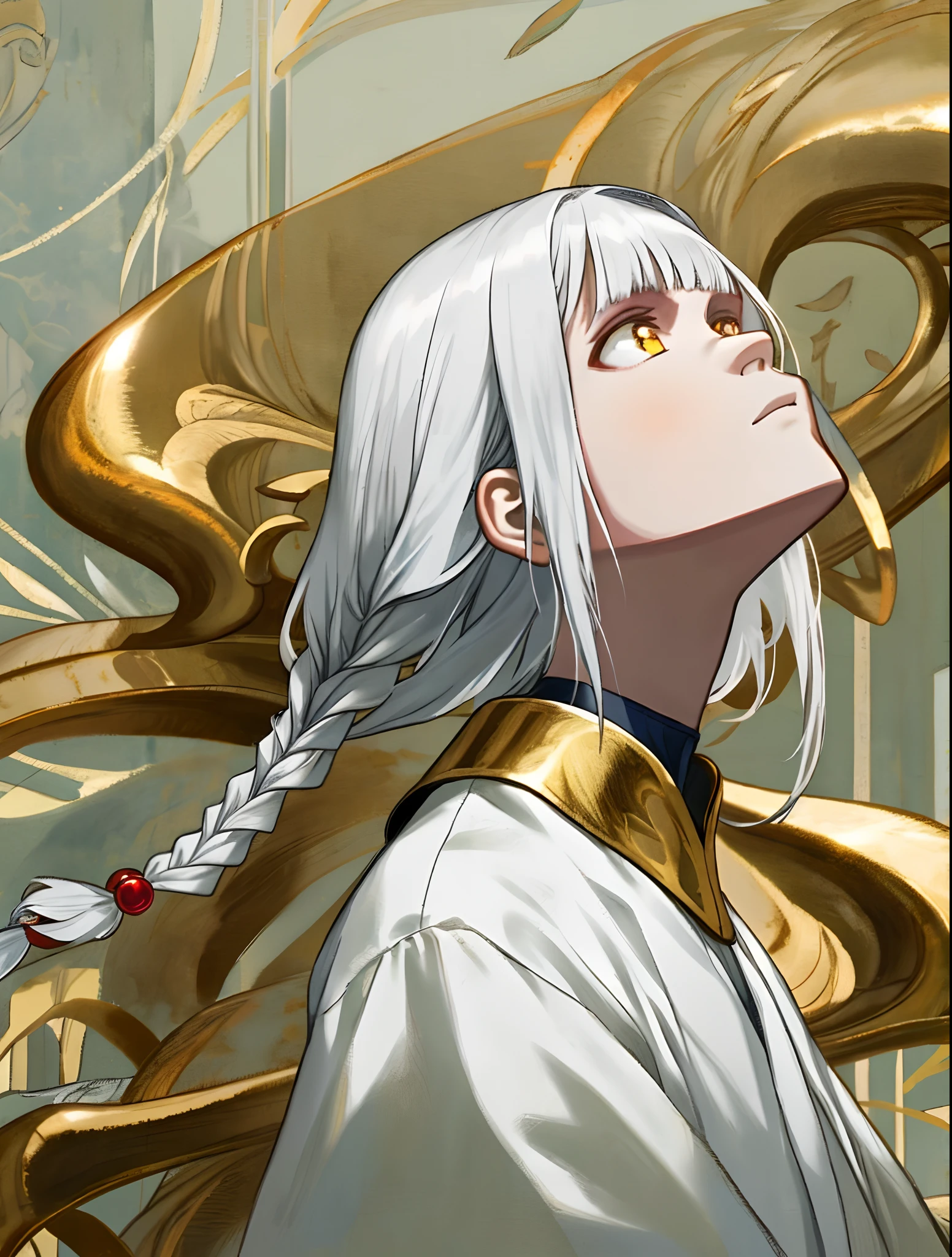 best quality, masterpiece,white hair, gold eyes,white clothes, looking up, upper body,hair strand,Fair skin,side braids