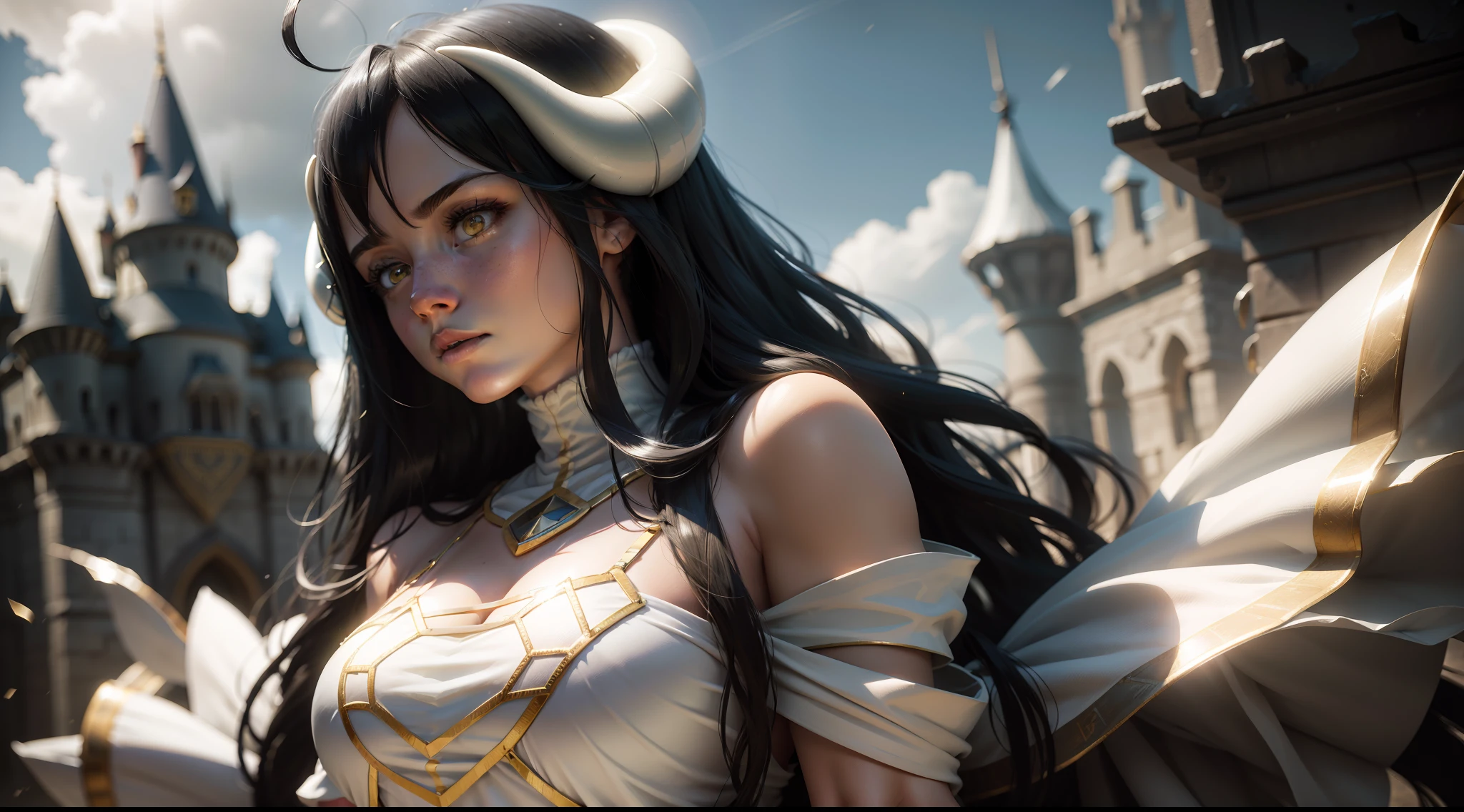 focused upper body, 1girl, white costume, with horn, sparkling yellow eyes, long black hair, castle background, intricate detail, 8k resolution, masterpiece, 8k resolution photorealistic masterpiece, professional photography, natural lighting, detailed texture,