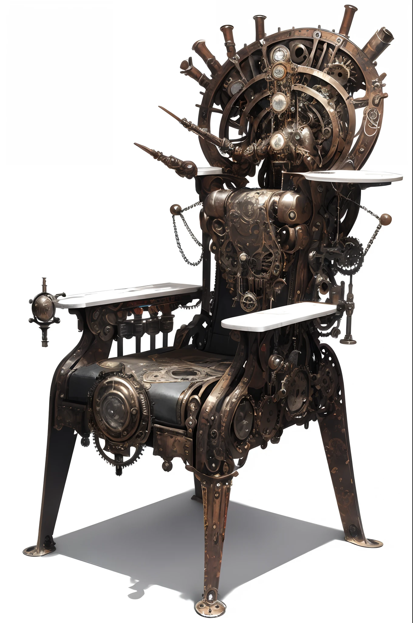 Chair made of parts and mechanisms, Concept art, Neoplasticism, in a throne room, evil, CD cover, Artwork, Grindcore, Dying and suffering, Obscure, (((Steampunk chair))), (( Focus on a single subject)), ((completely white background)), ( (angled view)) , ((chair))