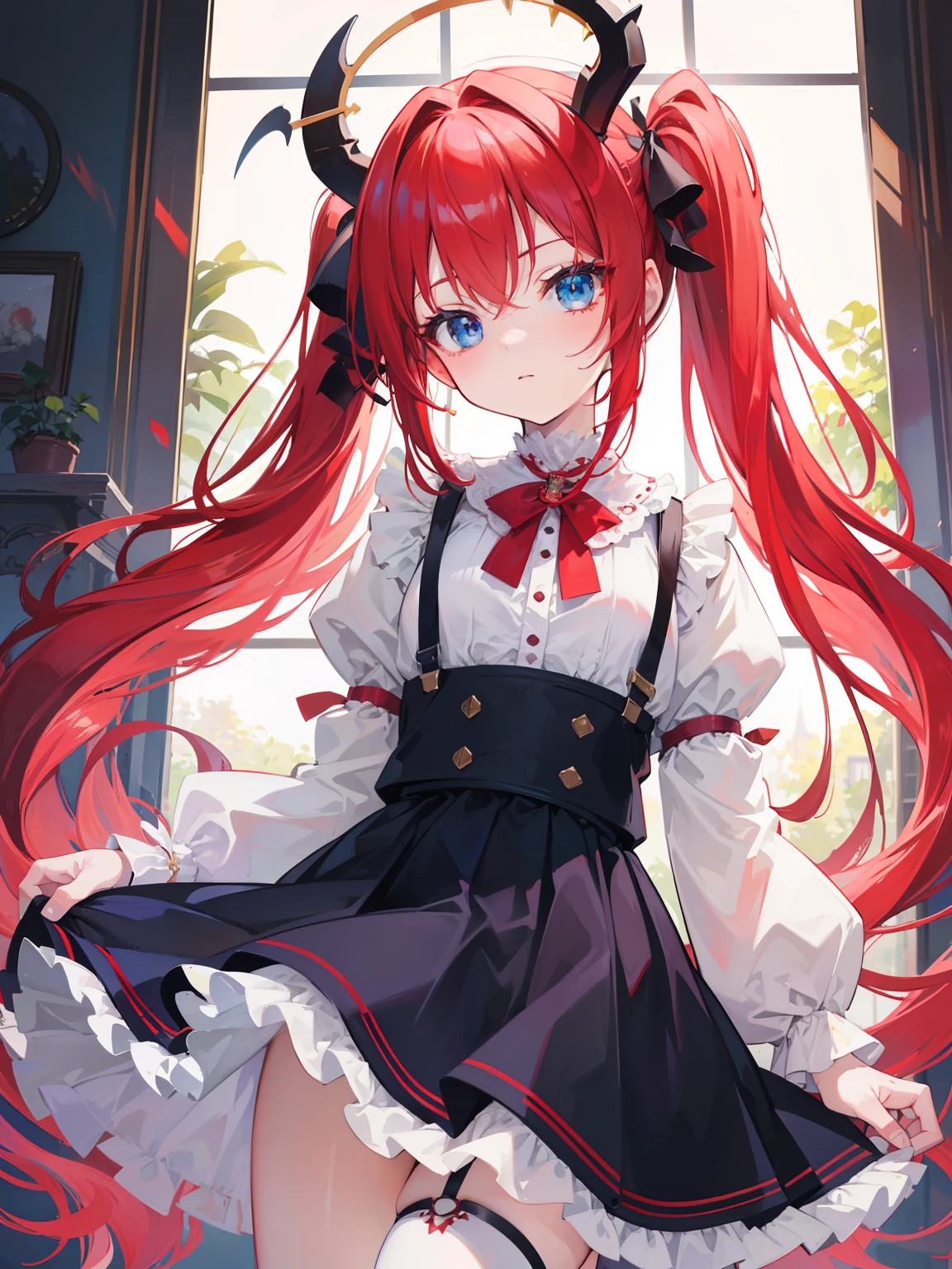 {{best quality}}, {{masterpiece}}, {{ultra-detailed}}, {illustration}, {detailed light}, red hair,blue eyes,twintails,lolita,Suspenders skirt,Fantastic,loli,solo,Dragon horns,little girl,long hair