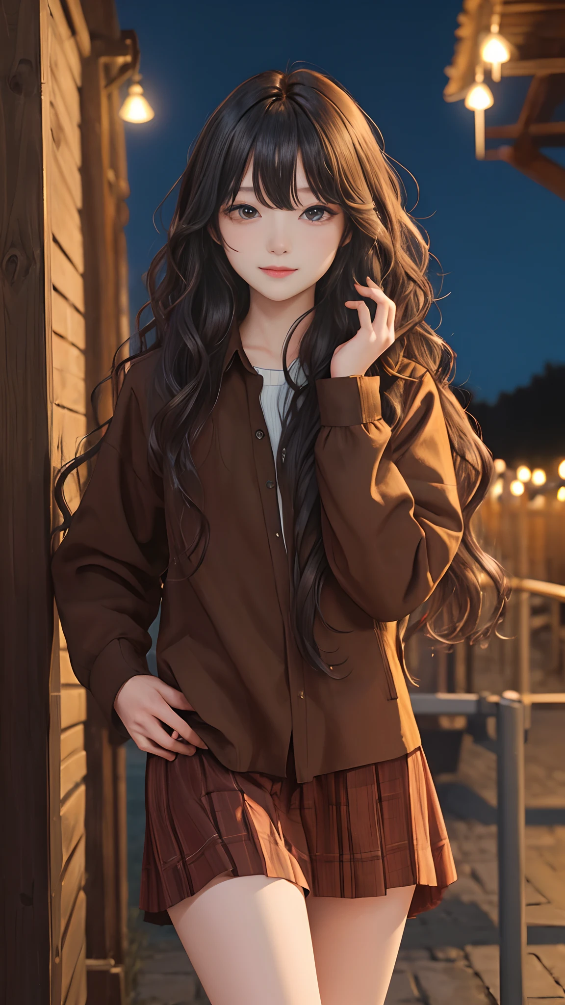 (masterpiece:1.2), (best quality:1.2), night, (looking at viewer), bright skin, cowboy shot,
outdoors, fringe,
long hair, (wavy hair),