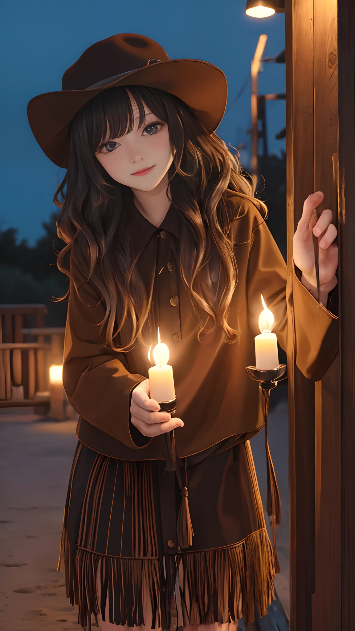 (masterpiece:1.2), (best quality:1.2), night, (looking at viewer), bright skin, cowboy shot,
outdoors, fringe,
long hair, (wavy hair),