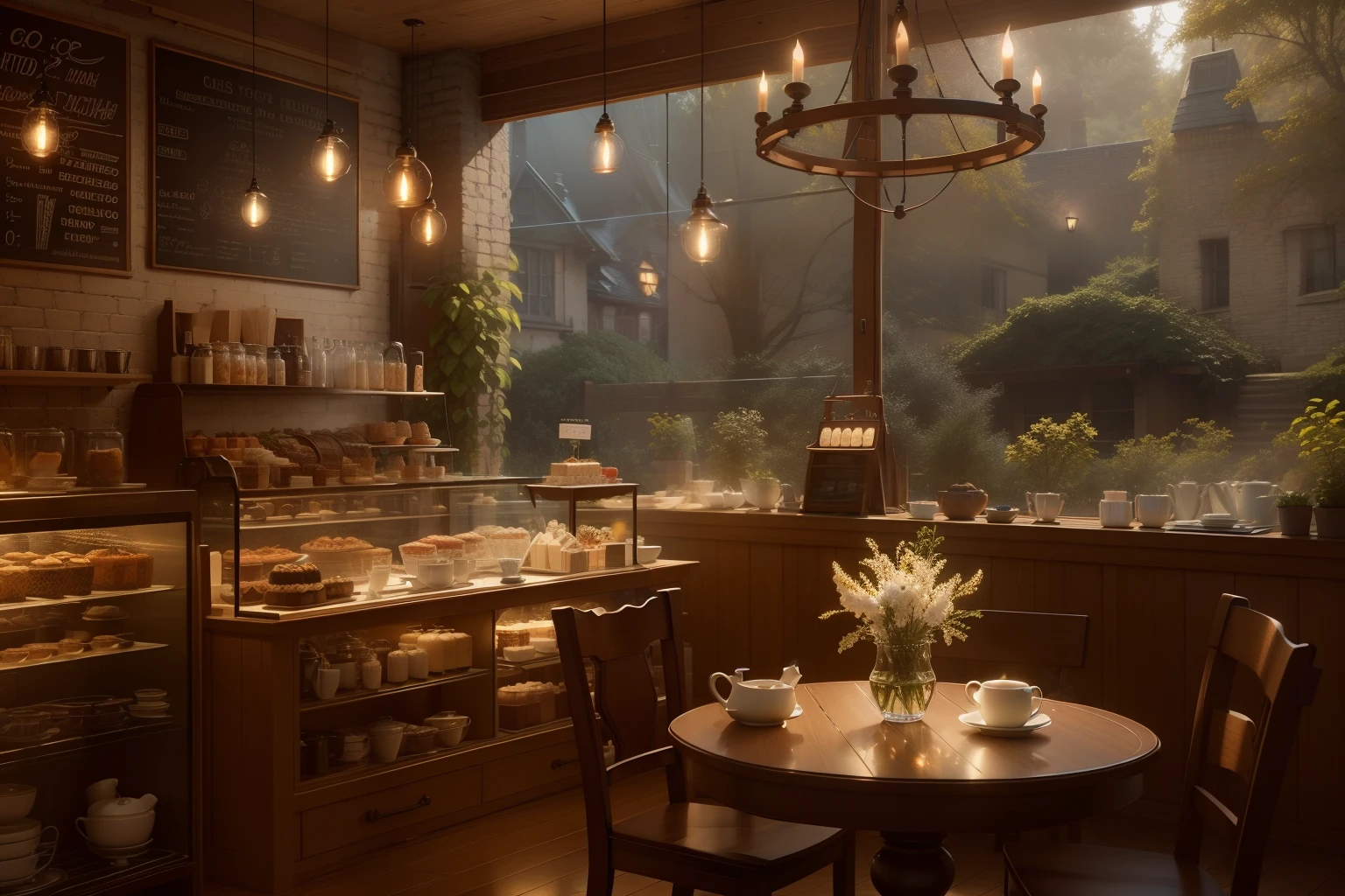 cafe shop，cake shop，The maid brought the kettle， HDR（HighDynamicRange）， Ray traching， NVIDIA RTX， Hyper-Resolution， Unreal 5， sub surface scattering， PBR textures， post-proces， Anisotropic filtering， depth of fields ，Maximum clarity and sharpness， Many-Layer Textures、Albedo e mapas Speculares、Surface Coloring、Accurate simulation of light-material interactions、rendering by octane、twotonelighting、Low ISO、White balance、trichotomy、largeaperture、8K RAW、High-Efficiency Sub-Pixel、sub-pixel convolution、（Luminous Particle：1.4）、{{tmasterpiece、best qualtiy、Extremely detailed CG、Unity 8k Wallpapers、3D、cinmatic lighting、lens flare glow}}，