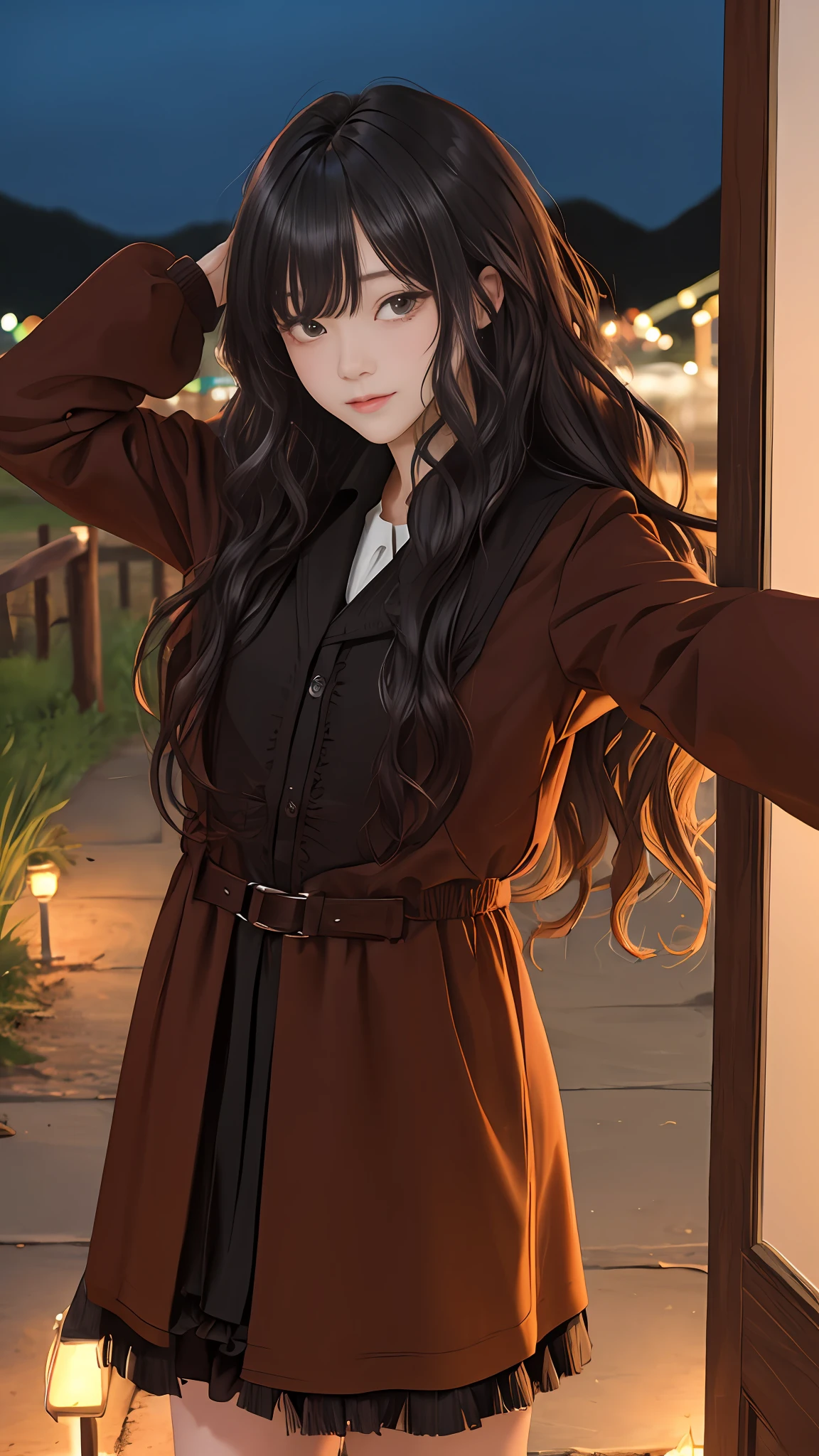 (masterpiece:1.2), (best quality:1.2), night, (looking at viewer), bright skin, cowboy shot,
outdoors, fringe,
long hair, (wavy hair),