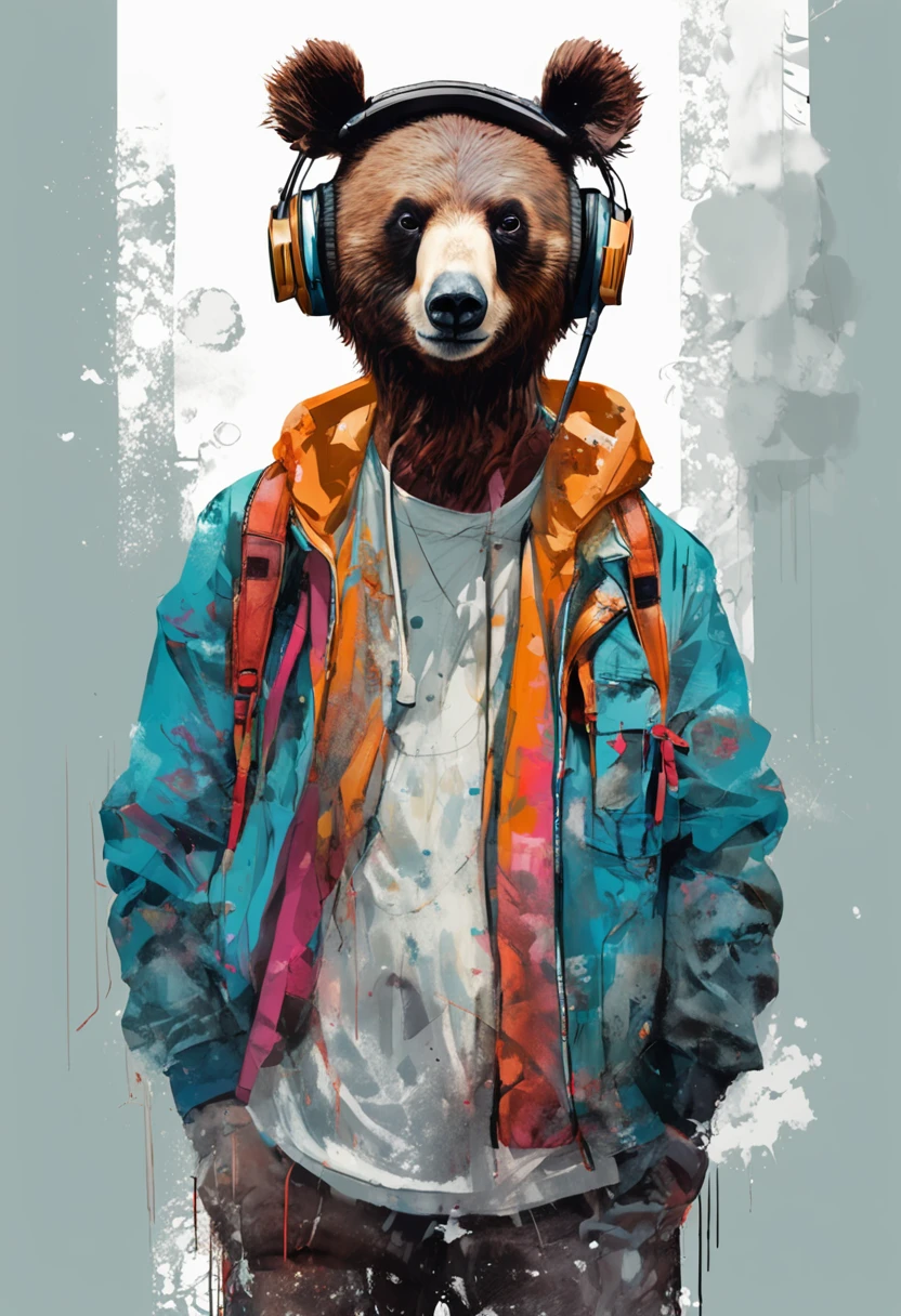Perfect centering, A cute little bear, Wear a student team jacket, Wearing sunglasses, Wearing headphones, cheerfulness, Standing position, Abstract beauty, Centered, Looking at the camera, Facing the camera, nearing perfection, Dynamic, Highly detailed,  smooth, Sharp focus, 8K, high definition resolution, illustration, Art by Carne Griffiths and Wadim Kashin, White background