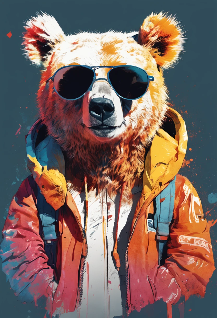 Perfect centering, A cute little bear, Wear a student team jacket, Wearing sunglasses, Wearing headphones, cheerfulness, Standing position, Abstract beauty, Centered, Looking at the camera, Facing the camera, nearing perfection, Dynamic, Highly detailed, smooth, Sharp focus, 8K, high definition resolution, illustration, Art by Carne Griffiths and Wadim Kashin, White background