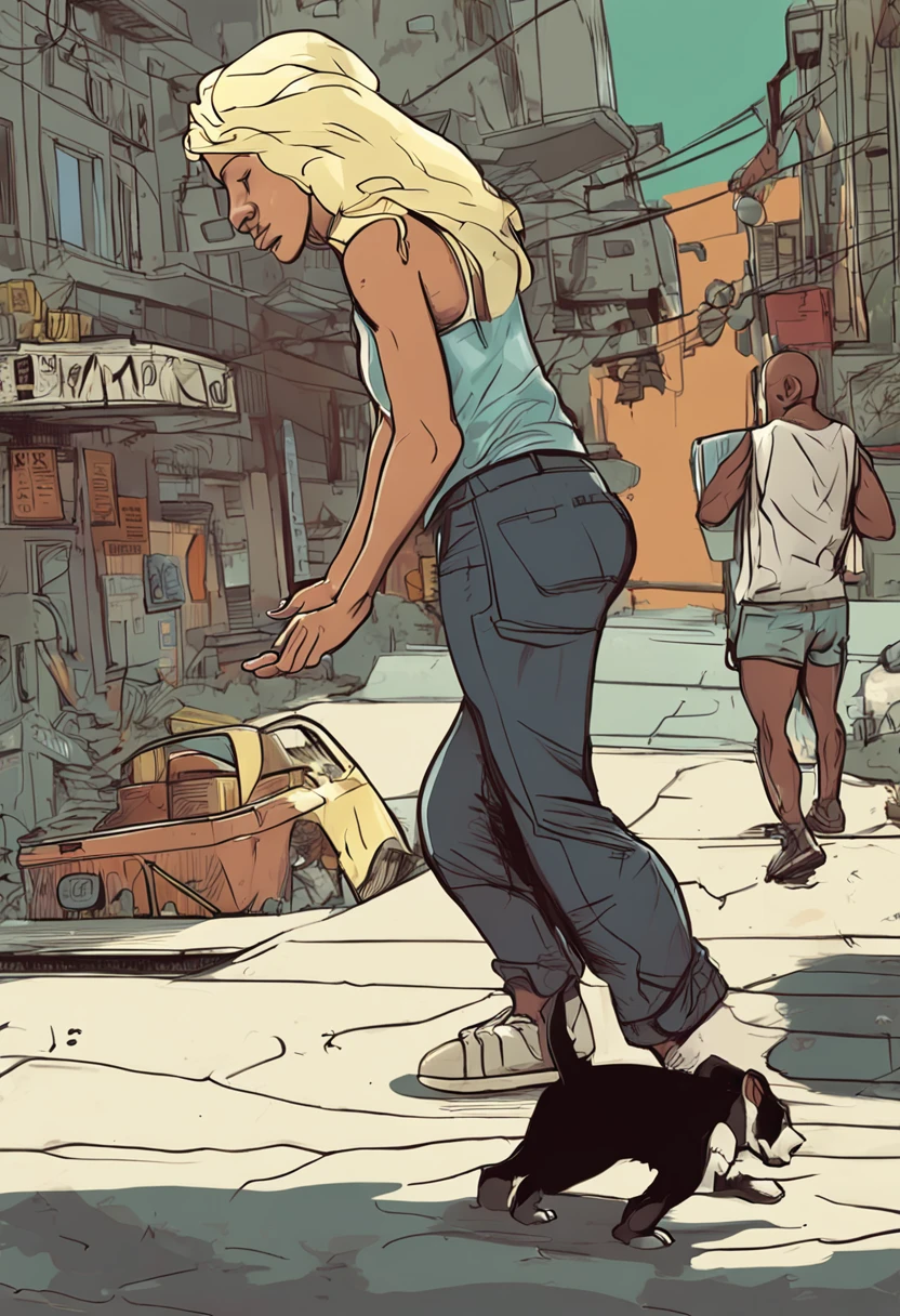 caucasian female (Beautiful) Blonde hair, curvaceous body, 45 years old (big saggy breasts) Black boy in short clothes (homeless) strong body of , Woman leans forward、Kissing a black boy