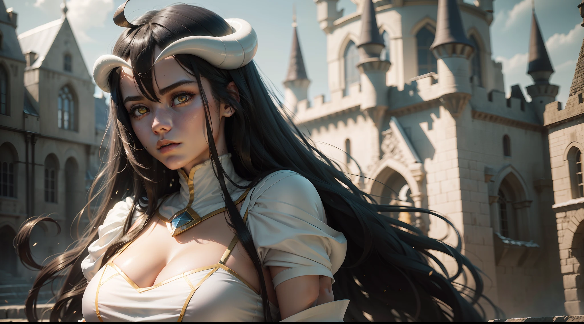 focused upper body, 1girl, white costume, with horn, sparkling yellow eyes, long black hair, castle background, intricate detail, 8k resolution, masterpiece, 8k resolution photorealistic masterpiece, professional photography, natural lighting, detailed texture,