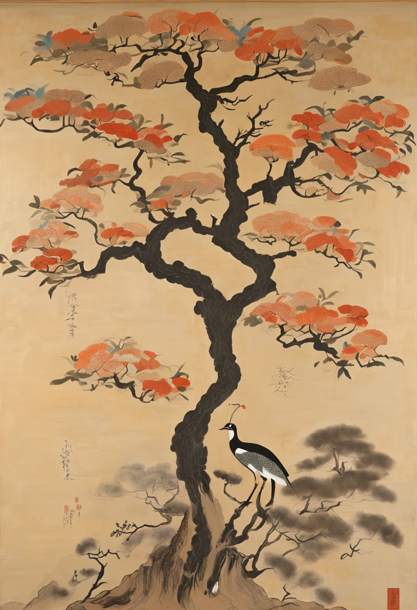 a close up of a poster with a tree and a building, inspired by Liu Jun, ukiuo-e and studio ghilbi style, inspired by Fenghua Zhong, inspired by Chen Daofu, by Chen Daofu, inspired by Tang Yin, inspired by Ma Lin, inspired by Lin Tinggui, inspired by Lu Zhi, Created by Victo Ngai, this artwork showcases a traditional Chinese meticulous-style New Year painting. It depicts an ancient couple by the lake. The background features architectural pavilions from the Tang Dynasty. The composition incorporates dreamlike architectural elements and dynamic illustrations, all presented with intricate and detailed artwork. The piece exudes a sense of silk-like texture. The background of white and cream tones adds a tranquil atmosphere, Minimalist, Romanticism, Constructivism