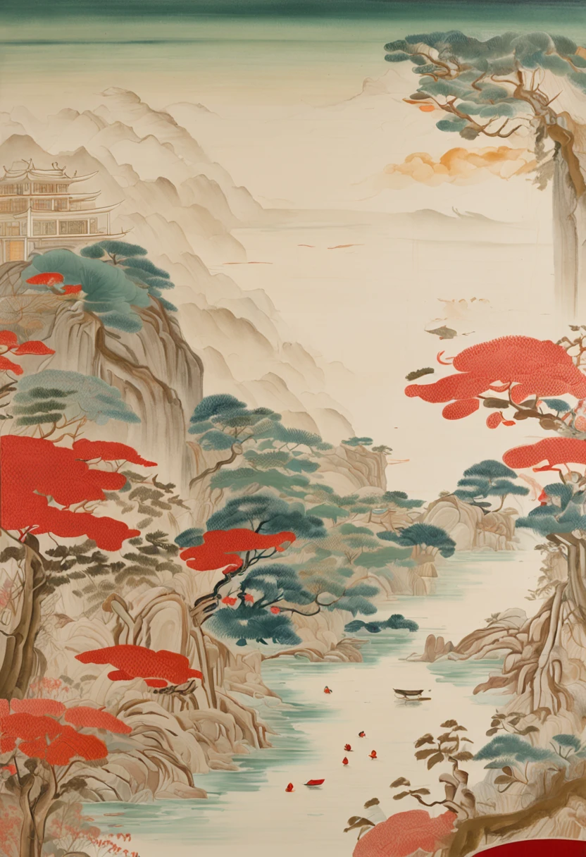 a close up of a poster with a tree and a building, inspired by Liu Jun, ukiuo-e and studio ghilbi style, inspired by Fenghua Zhong, inspired by Chen Daofu, by Chen Daofu, inspired by Tang Yin, inspired by Ma Lin, inspired by Lin Tinggui, inspired by Lu Zhi, Created by Victo Ngai, this artwork showcases a traditional Chinese meticulous-style New Year painting. It depicts an ancient couple by the lake. The background features architectural pavilions from the Tang Dynasty. The composition incorporates dreamlike architectural elements and dynamic illustrations, all presented with intricate and detailed artwork. The piece exudes a sense of silk-like texture. The background of white and cream tones adds a tranquil atmosphere, Minimalist, Romanticism, Constructivism