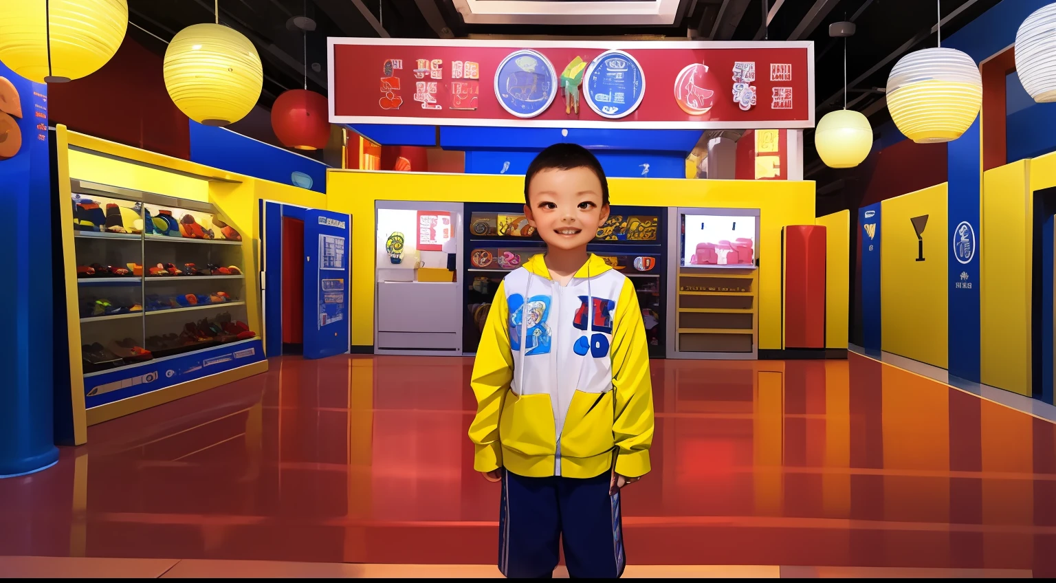 A  standing in the basketball hall, Lovely，friendly，Boy with short hair，Baby face，Happy smile，Bright round eyes，Long eyelashes，jinyiwei, Li Zixin, 8 year old, sunshine on body, inspired by Zhang Zongcang