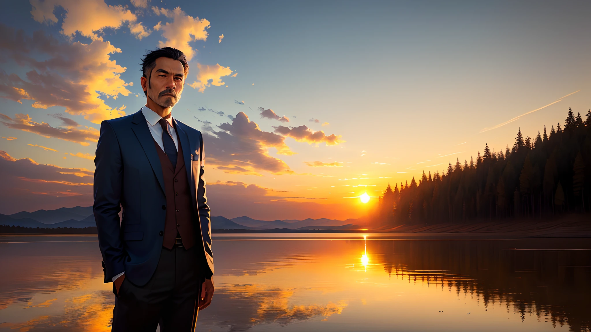 A man stands in the setting sun