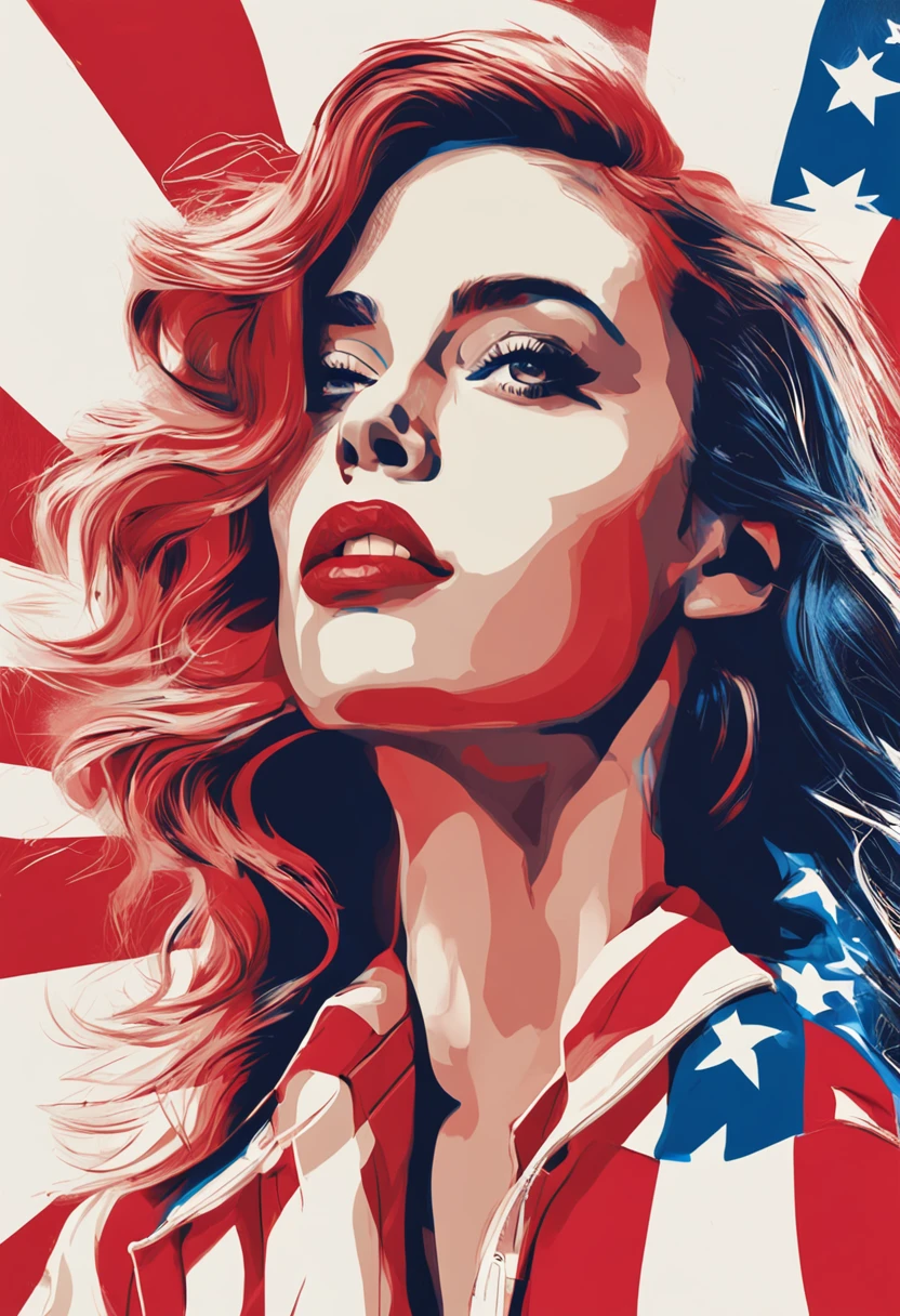 a hyperrealistic portrait of a beautiful glamour woman blends out of the American flag style paint, flat color, illustrator, vector