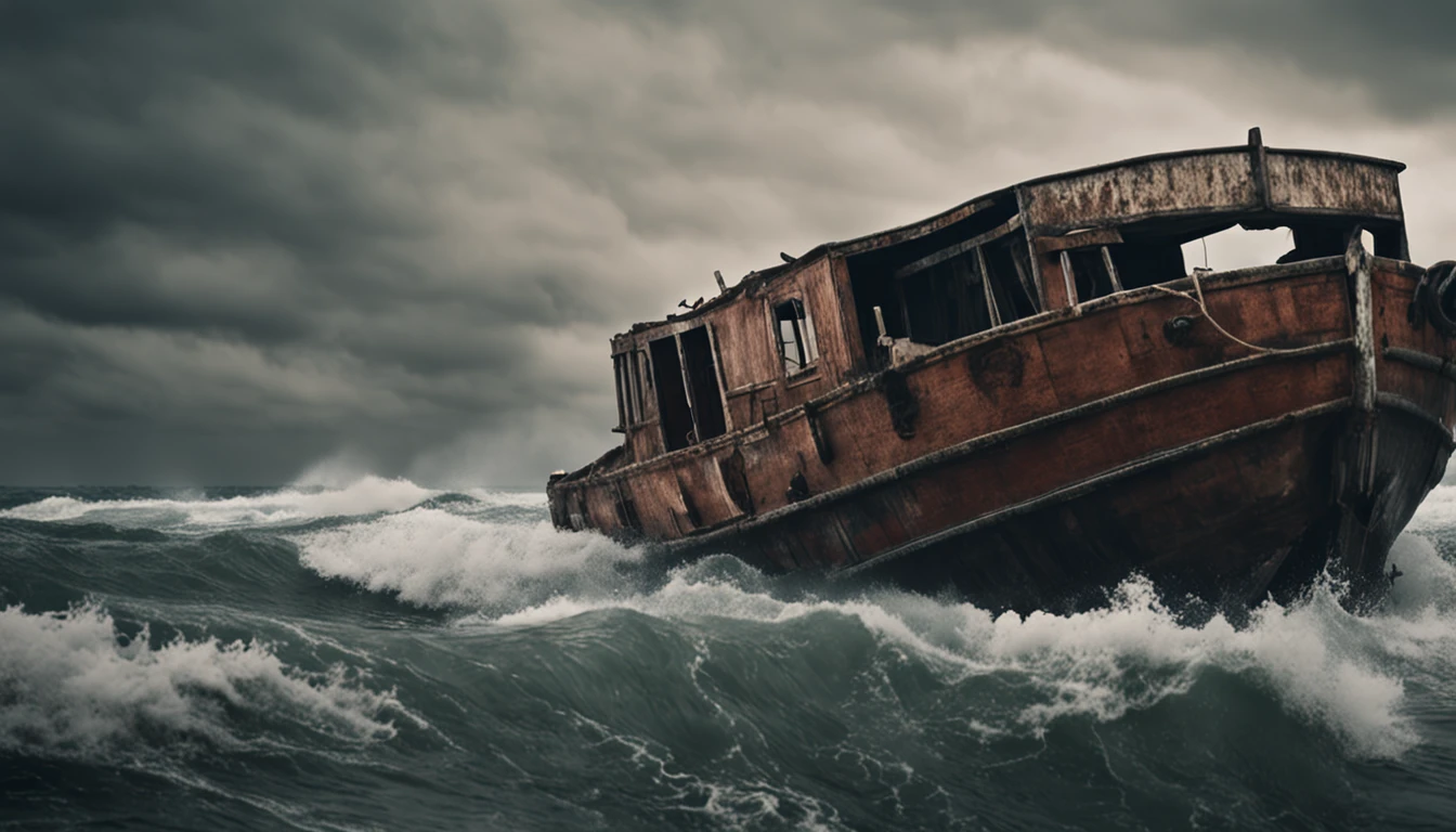 "( (8k:1.27), top quality, masterpiece, ultra high resolution:1.2) of a dramatic scene: a old wrecked boat braving the very rough open sea, carrying afro (terrified) people (men, women, childrens) on board, captured from a (dramatic) view."