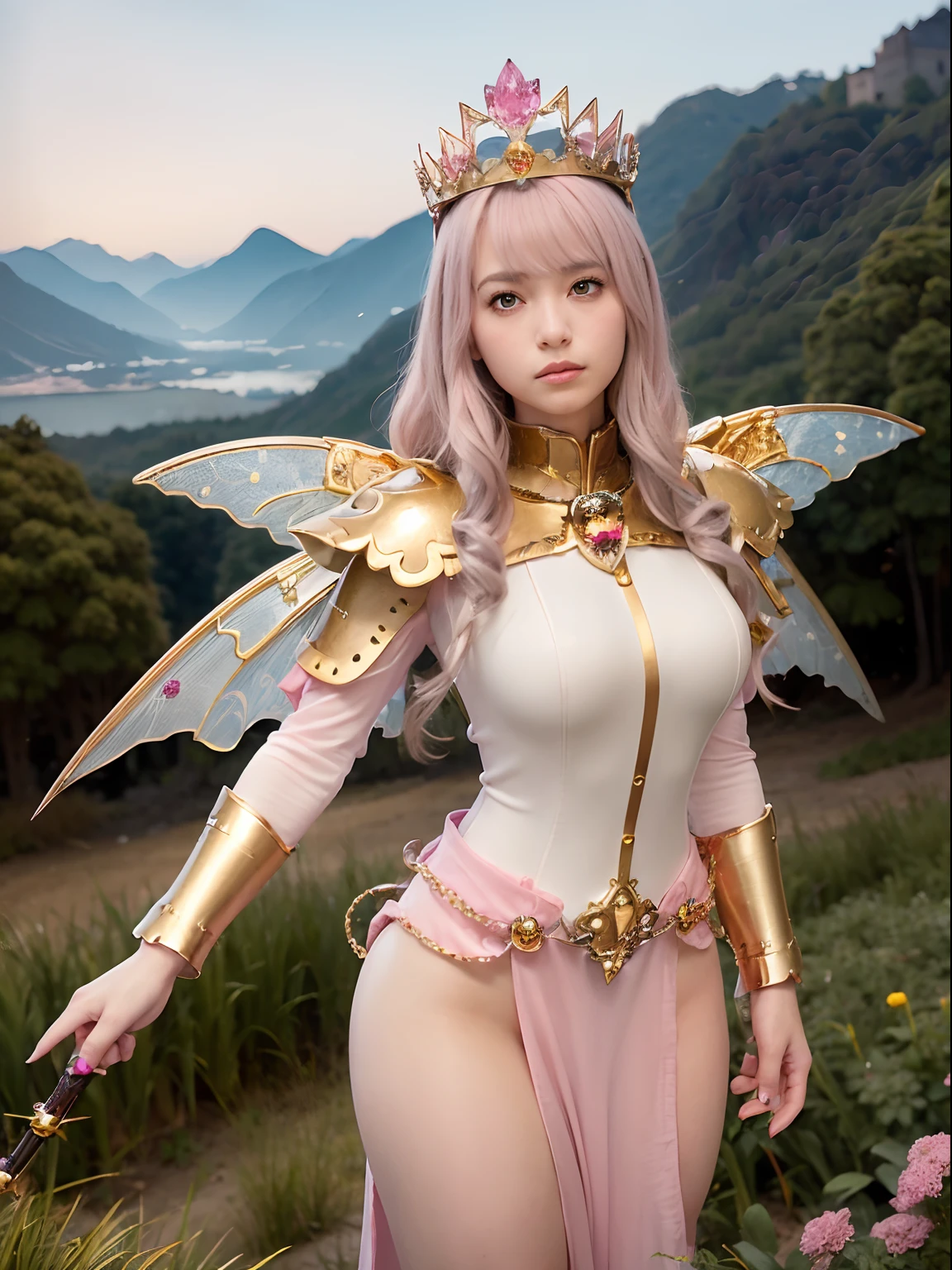 (masutepiece), Professional , masterpiece、top-quality、photos realistic , depth of fields (Gemstone Silver Metal Body:1.9),(Matte Pink、Jewel Gold Weapon、(Gorgeous castle background)、(ultimate beauty girl)、(Fairy wings grow on her back)、(Jewel Metal Body:1.9),Gorgeous Jewel Metal Weapons , Detailed Sword of the Brave ,( a blond) ,warhammer 40k , adepta sororitas,Detail and ornate jewel crown、独奏、Brown hair、(Gangle's forest background)、Beautiful Caucasian beauty、1a person、dynamic ungle,(((Diamond tiara with detail and luxury)))、a small face、Powerful poses、(Gorgeous castle background)、huge filesize、20 year old beautiful woman、Stand in the center of the screen、Thin female fingers、Straight long hair、Beautiful Caucasian beauty、Valley、Hair fluttering in the wind、