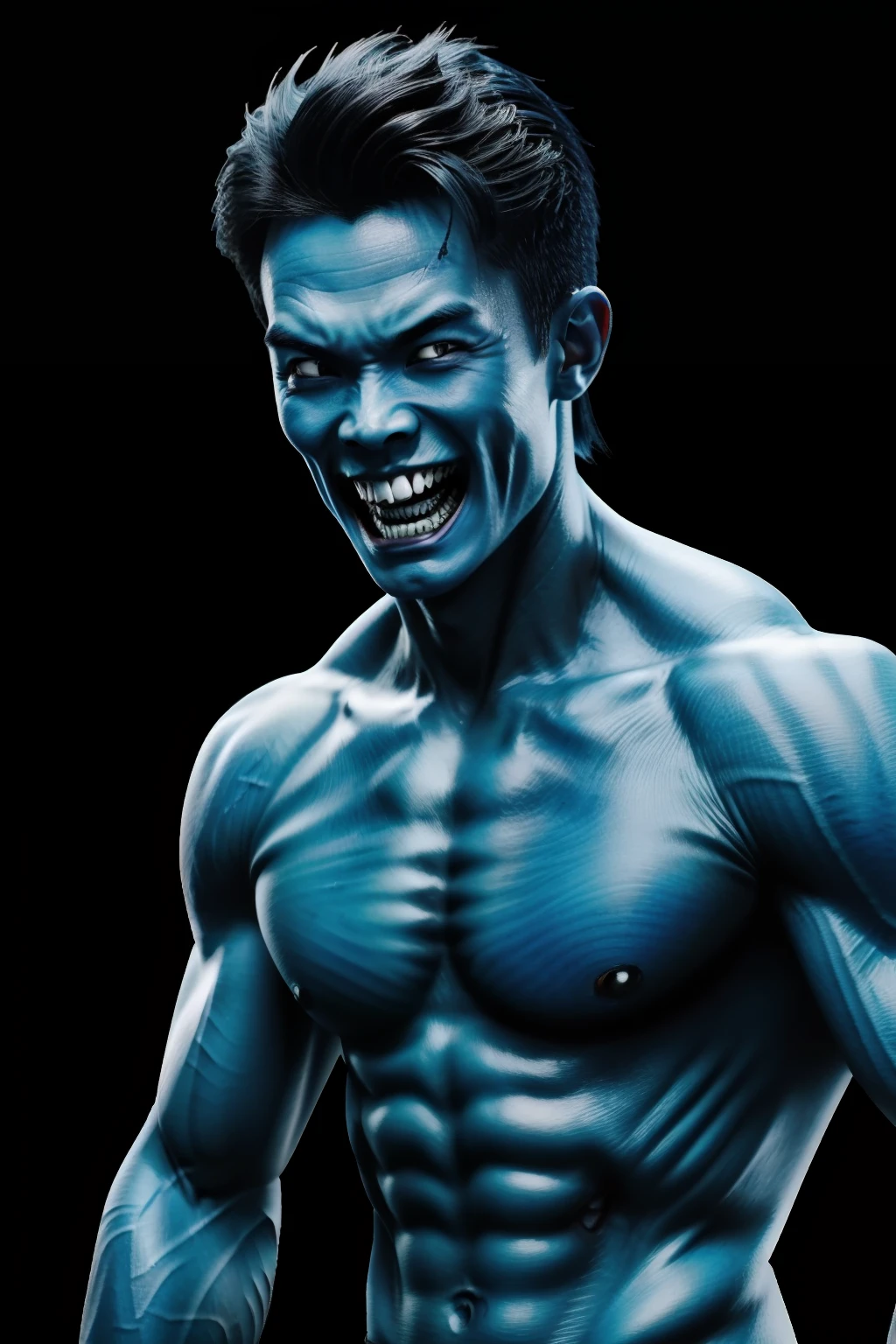 Ultra image quality and high resolution，8k，复杂：1.2)，(detail in face：1.2)，Handsome，Young Chinese man，Blue and dark skin，二重まぶた，Zombie teeth，Detail Skins，Good lighting quality，muscle veins，(paleskin)，(sweat leggs：1.3)，