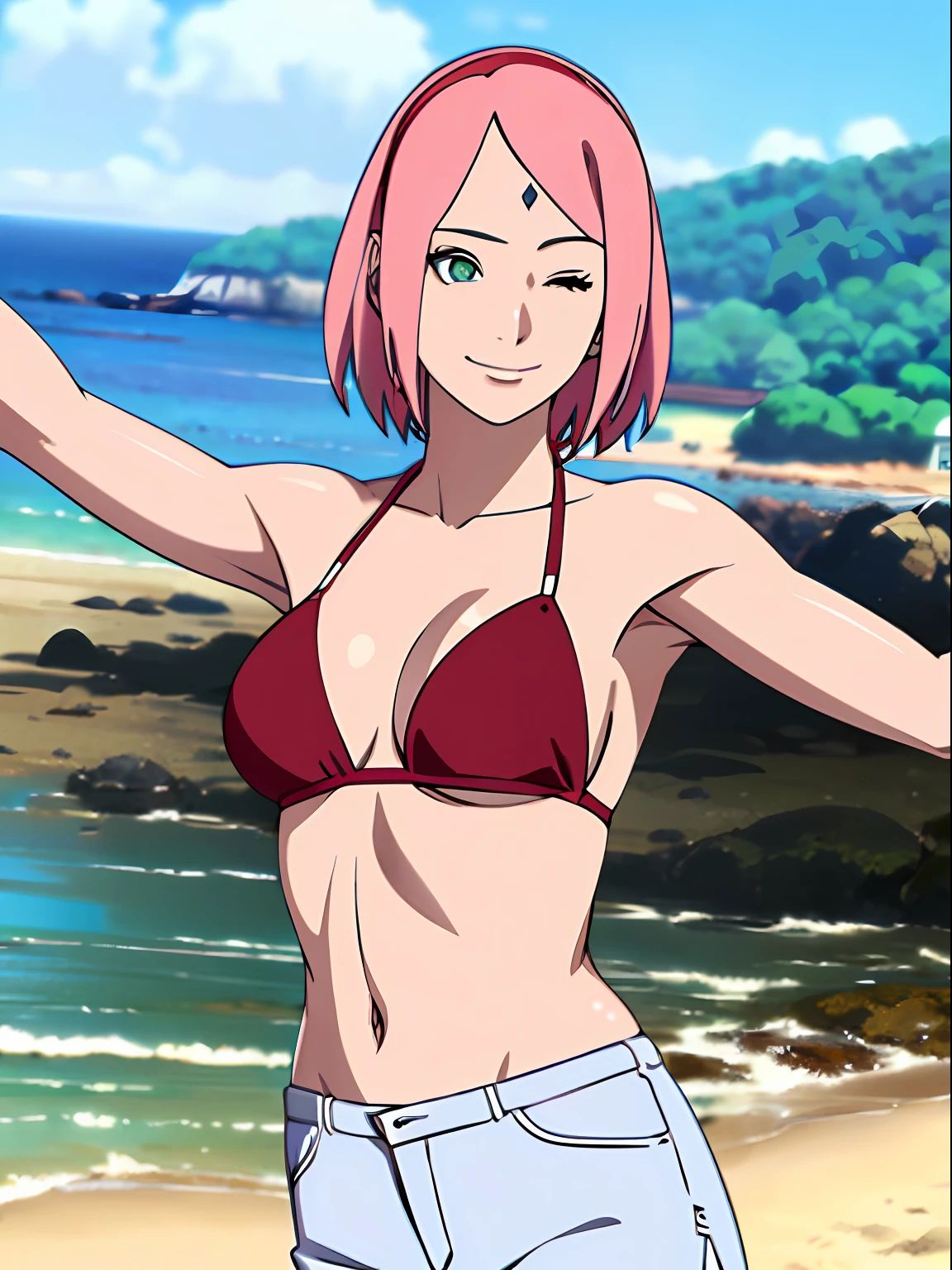 masterpiece, 4k, portrait, closeup, professional artwork, detailed beach background, intricate details, colorful, digital blending, (ultra detailed body, ultra detail hair, ultra detail face), trending on pixiv, kind smile, best quality, anime style: 1.9, 1girl, hires, haruno sakura, (forehead mark, milf, red hairband, pale skin, small breasts, short hair, ((red micro bikini top, bikini top only), white pants), (navel, belly button, bracelet, pink hair, closed mouth, big eyes), smile, beach, wind, floating hair, detailed arms, off-shoulders, broad shoulders, slightly muscular arms, (dirty armpits, armpit pocket), standing, winking, one eye closed)