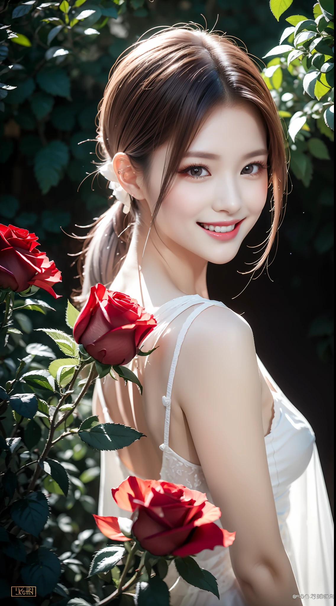 Garden covered with red roses in the background, Silver hair, front ponytail, over-rim eyewear, eyes reflection, Colored Contact Lenses, Pink eyes, Fox ears, Evil smile, High detail, romanticism lain, Depth of field, Sparkle, Ray tracing, viewfinder, zoom layer, Close-up, Bokeh, Anatomically correct, High details, 1080p, hyper HD