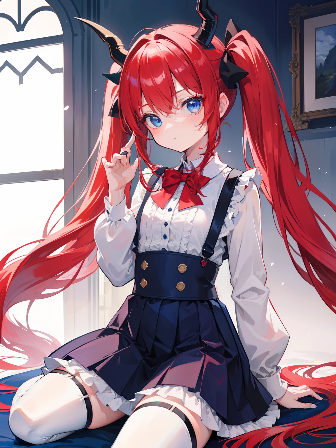 {{best quality}}, {{masterpiece}}, {{ultra-detailed}}, {illustration}, {detailed light}, red hair,blue eyes,twintails,lolita,Suspenders skirt,Fantastic,loli,solo,Dragon horns,little girl,long hair