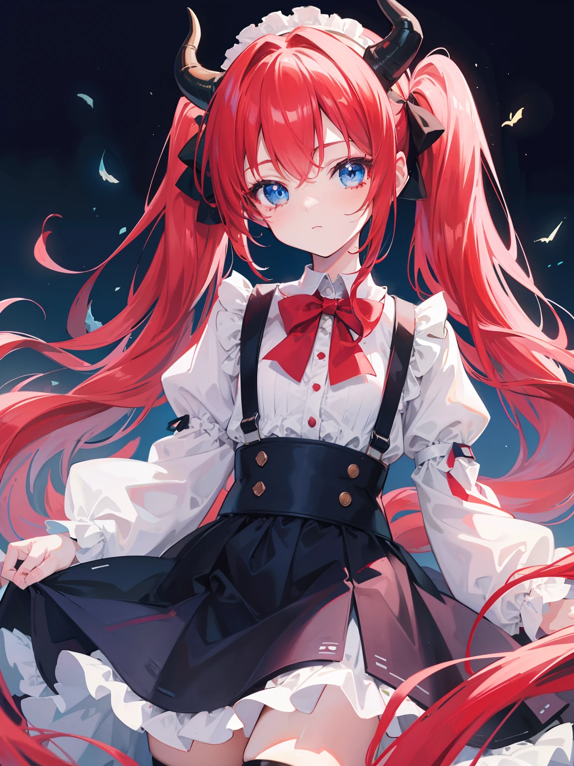 {{best quality}}, {{masterpiece}}, {{ultra-detailed}}, {illustration}, {detailed light}, red hair,blue eyes,twintails,ta,Suspenders skirt,Fantastic,lolio,Dragon horns,little gir
