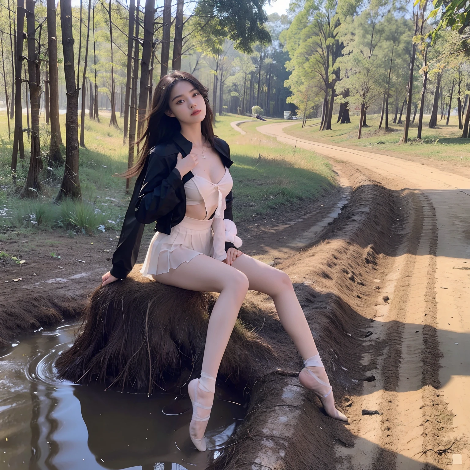 female high-school student,blacksilk,lacepantyhose,Breast patches,exposing her chest,no-bra,Ballet costume,An expression of shame,Delicate face,Feet in the mud,Stuck in the mud,the feet,sputtering, clearly visible,Urination appears,ln the forest,Rubbing the