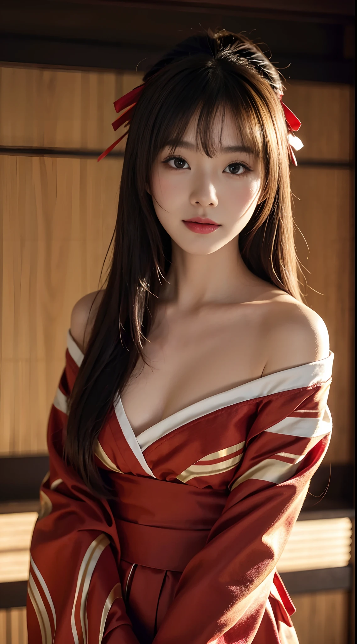Unbeatable masterpiece, Ultra photo realsisim, Perfect Artwork, Intricate details, Best Quality, strong lights,High contrast, masutepiece , Best Quality , offcial art ,the Extremely Detailed CG Unity 8K Wallpapers ,1girll , Solo , Realistic , makeup , hight resolution , full body Esbian , view the viewer , Smile, Bangs , Bare shoulders , Brown hair ,crossed bangs , hair between eye , Japanese style costume , Komono , Long ,Mask , mask on head , cropped shoulders , cparted lips , Red Eyes , Red kimono , Red Ribbon ,bow ribbon , sash , skyporn , Solo , Striped ribbon ,taihou \(Reynel Blue) , double tails , Very hairy , Wide sleeves , (Shiny skin) ,