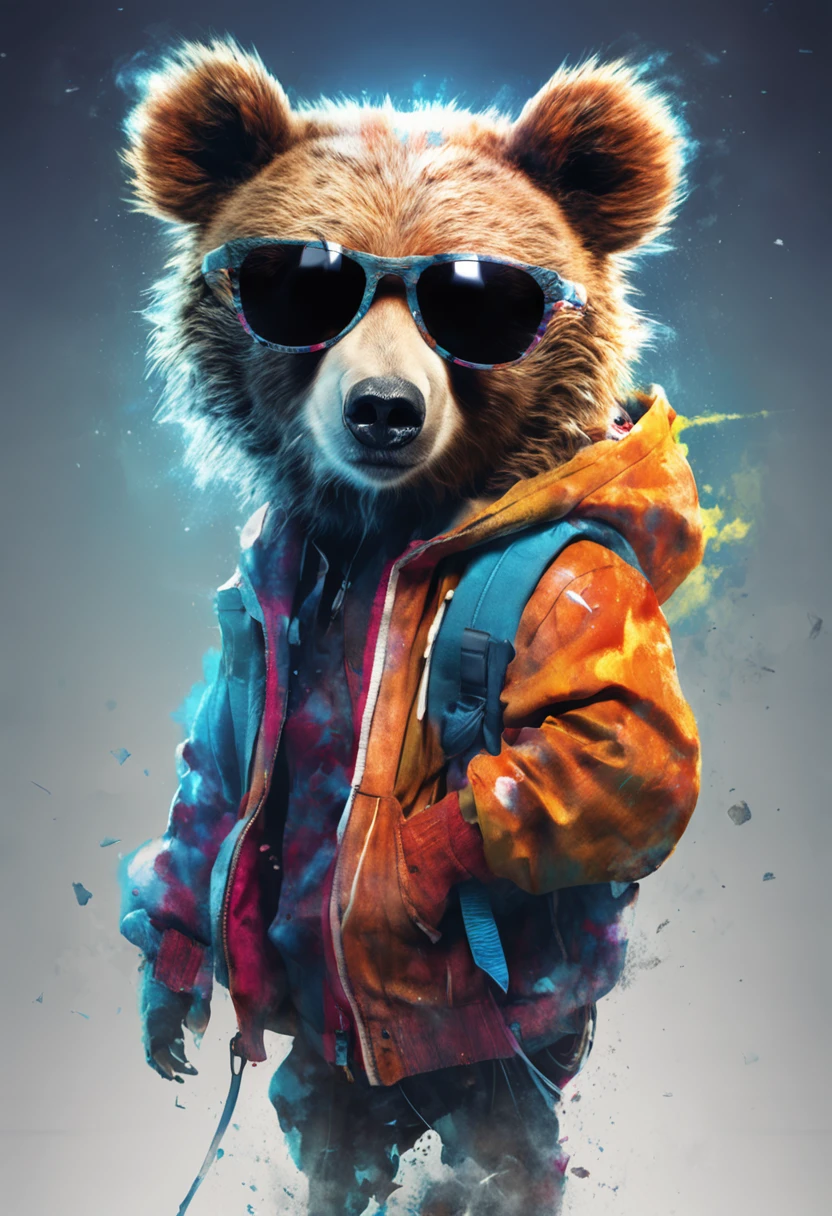 Perfect centering, A cute little bear, Wear a student team jacket, Wearing sunglasses, Wearing headphones, cheerfulness, Standing position, Abstract beauty, Centered, Looking at the camera, Facing the camera, nearing perfection, Dynamic, Highly detailed, smooth, Sharp focus, 8K, high definition resolution, illustration, Art by Carne Griffiths and Wadim Kashin, White background