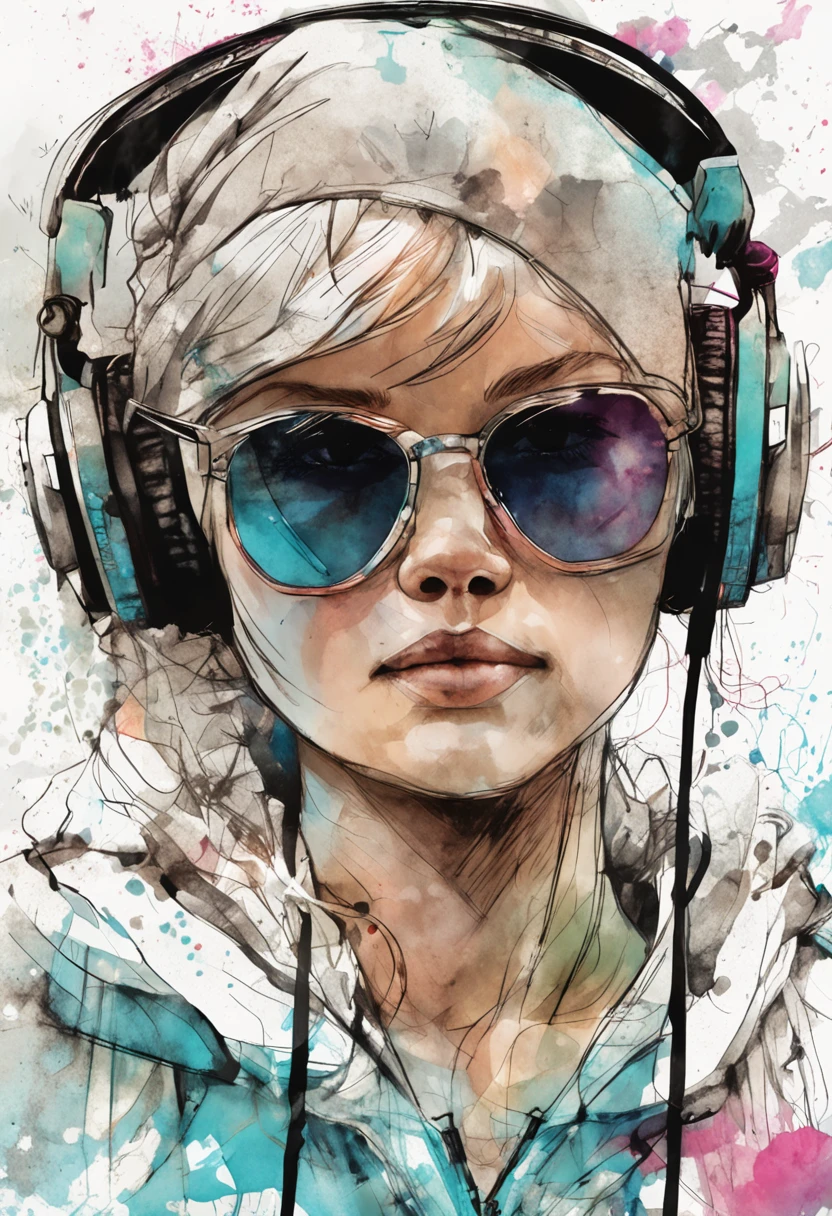 Perfect centering, A cute little bear, Wear a student team jacket, Wearing sunglasses, Wearing headphones, cheerfulness, Standing position, Abstract beauty, Centered, Looking at the camera, Facing the camera, nearing perfection, Dynamic, Highly detailed, smooth, Sharp focus, 8K, high definition resolution, illustration, Art by Carne Griffiths and Wadim Kashin, White background