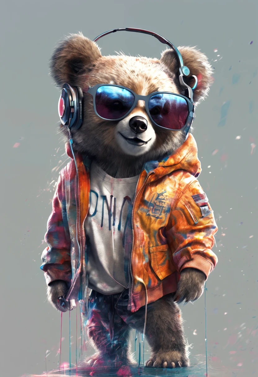 Perfect centering, A cute little bear, Wear a student team jacket, Wearing sunglasses, Wearing headphones, cheerfulness, Standing position, Abstract beauty, Centered, Looking at the camera, Facing the camera, nearing perfection, Dynamic, Highly detailed, smooth, Sharp focus, 8K, high definition resolution, illustration, Art by Carne Griffiths and Wadim Kashin, White background