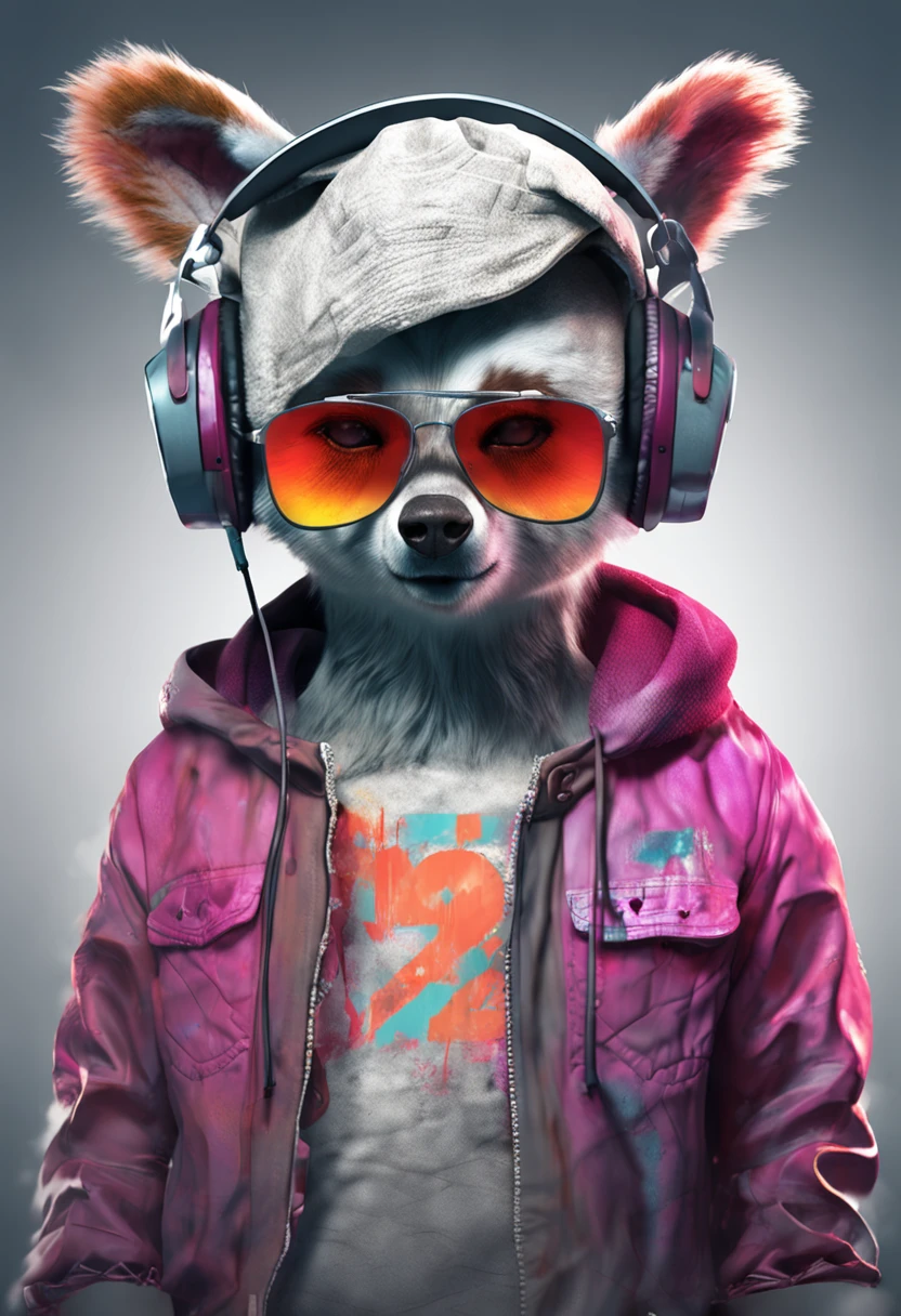 Perfect centering, A cute little bear, Wear a student team jacket, Wearing sunglasses, Wearing headphones, cheerfulness, Standing position, Abstract beauty, Centered, Looking at the camera, Facing the camera, nearing perfection, Dynamic, Highly detailed,  smooth, Sharp focus, 8K, high definition resolution, illustration, Art by Carne Griffiths and Wadim Kashin, White background