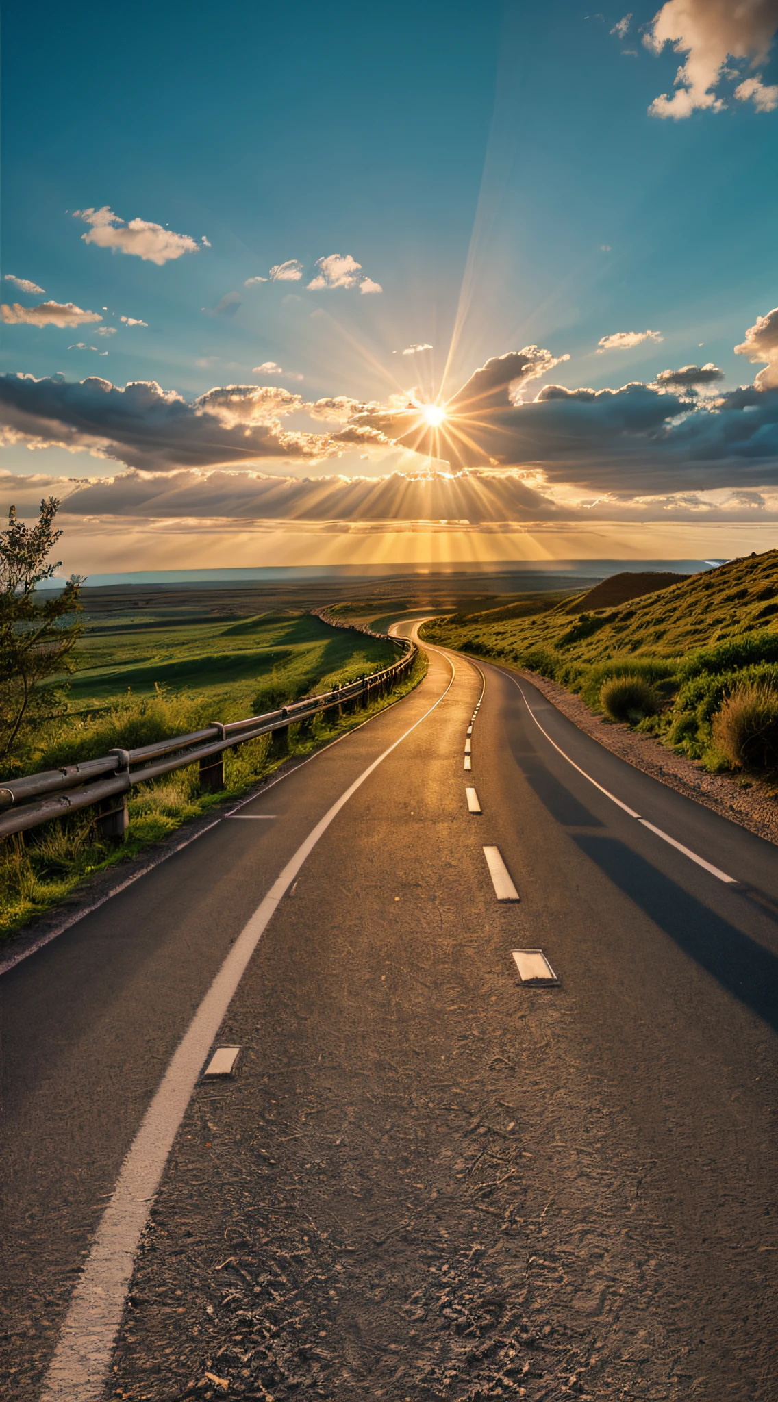 Image of a long and winding road,Bright light leading to the horizon,bright morning,suns rays