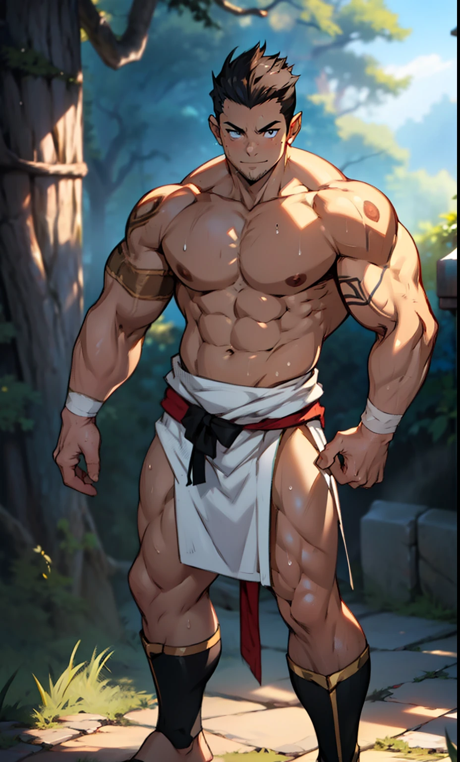 (photo corner up) (highest quality image) elf boy ,royal, young, , wearing triangular loincloths, anime image, standing, legs closed, cute babyte, young and cute face, undercut hair, huge muscular chest muscles, big strong thighs, strong hamstrings, sinewy biceps muscles, huge body, well developed muscles, muscles clear, sinewy 8-pack abdomen, topless, ruddy white skin, super shiny skin, dripping sweat, hands in pockets, bare feet, no beard