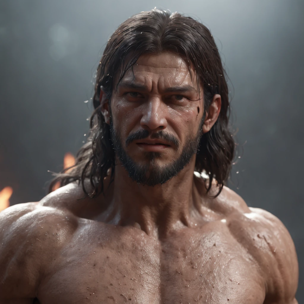 (Professional 3D Rendering:1.3) in the (Realistic:1.3) The most beautiful artwork photos in the world，Features soft and shiny male heroes, ((Epic Hero Fantasy Muscle ManRough Wet Hero Angry Long Hair Short Beard and Ferocious Expression in Dynamic Pose, fantastic location, majestic cluttered environment)), Full body 8K unity rendering, action SHOT, skin pore, Very dark lighting, Heavy shading, Detailed, Detailed face, (Vibrant, photos realistic, Realistic, Dramatic, Dark, Sharp Focus, 8K), (Old leather garments damaged by weathering:1.4), ((((Wear fur)))), (Convoluted:1.4), Decadent, (Highly detailed:1.4), Digital Painting, rendering by octane, art  stations, concept-art, Smooth, Sharp Focus, Illustration, Art Germ, (Roisch:0.23), Vlop Ilya Kuvshinov, Gregg Rutkowski and Alphonse Mucha Gracias, (Global Illumination, studio lights, volumettic light), Heavy rain, particles floating, lotr, Fantasy, elf, full body Esbian, ((Dark ancient city background:1.3)),CG Sessa,art  stations