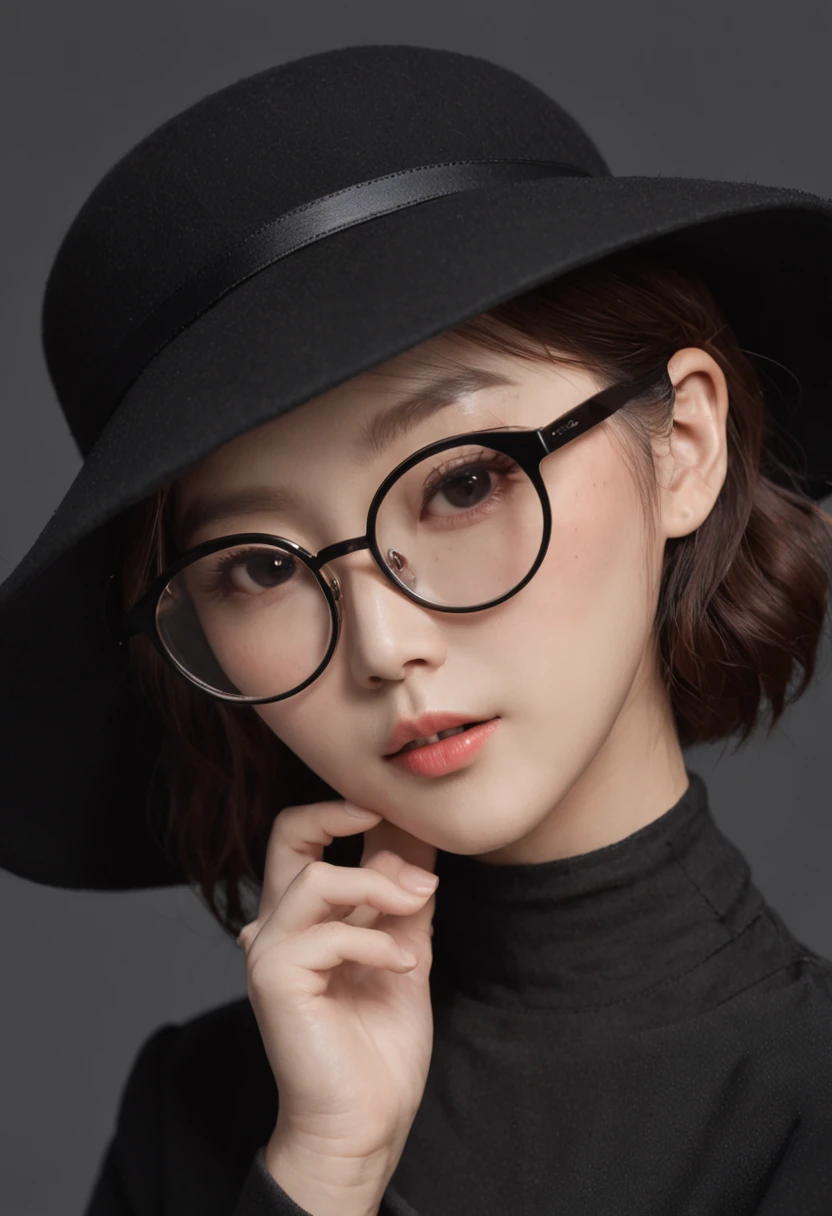 top-quality、tmasterpiece、超A high resolution、(Photorealsitic:1.5)、RAW photogr、30 age old、((fullnude))、femele、shadowy、deep shading、cold light、Sexy appearance、((short detailed hair)) 、Allard woman with glasses and black hat, ulzzangs, wearing big black circle glasses, large round glasses, thick round spectacles, wearing thin large round glasses, Choi Hyun-hwa, Round glasses, wearing black glasses, circle glasses, belle delphine, With glasses, a girl with round glasses, park jimin