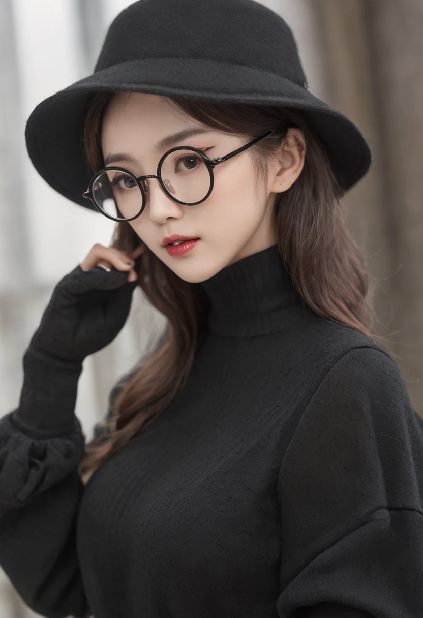 top-quality、tmasterpiece、超A high resolution、(Photorealsitic:1.5)、RAW photogr、30 age old、((fullnude))、femele、shadowy、deep shading、cold light、Sexy appearance、((short detailed hair)) 、Allard woman with glasses and black hat, ulzzangs, wearing big black circle glasses, large round glasses, thick round spectacles, wearing thin large round glasses, Choi Hyun-hwa, Round glasses, wearing black glasses, circle glasses, belle delphine, With glasses, a girl with round glasses, park jimin