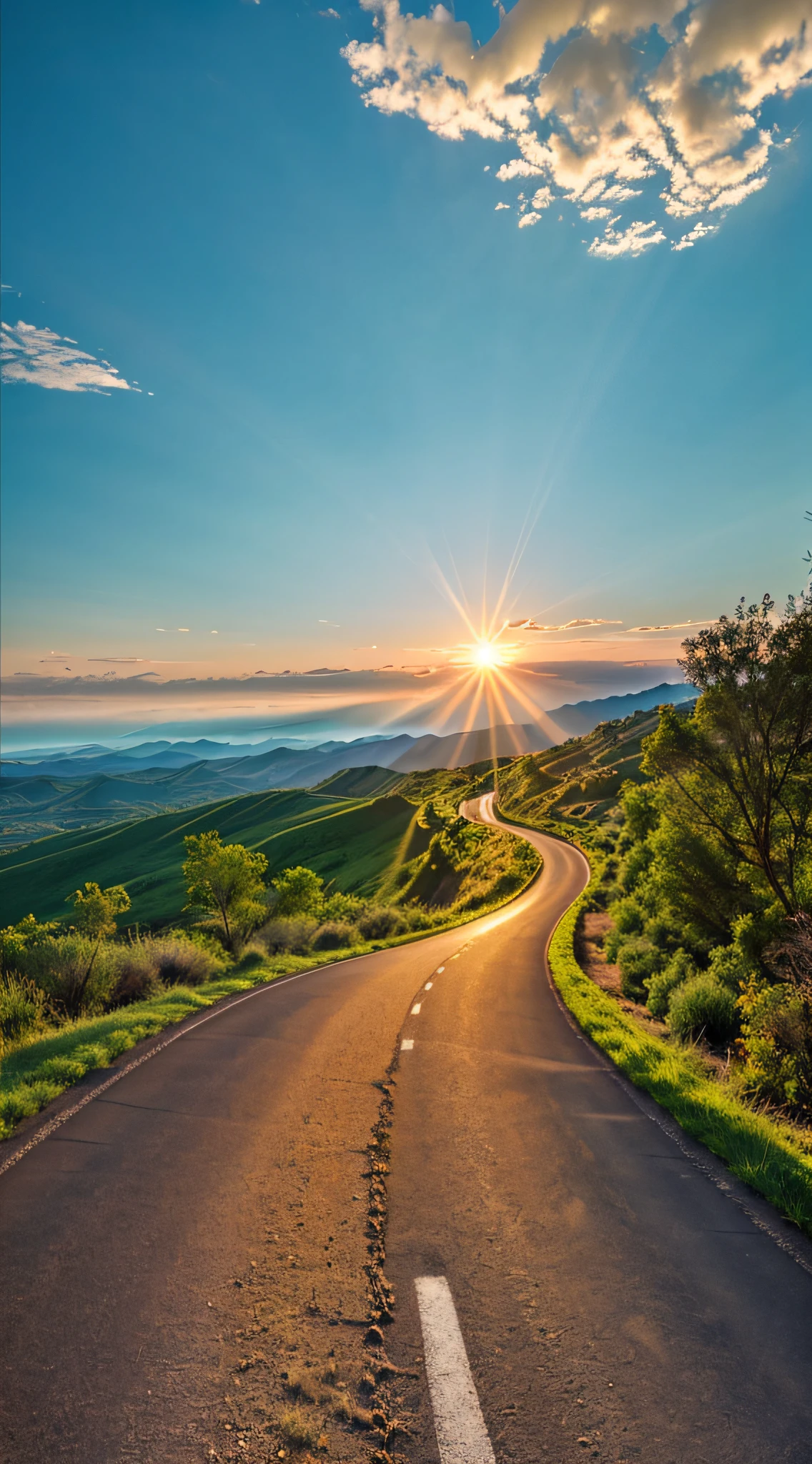 Image of a long and winding road,Bright light leading to the horizon,bright morning,suns rays,Nice view