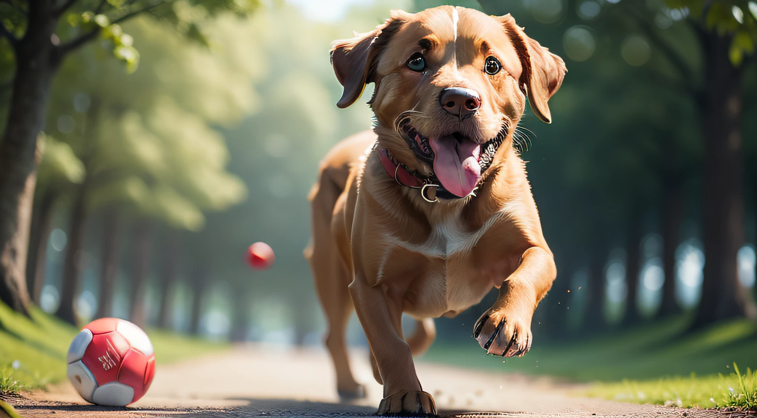A light brown Labrador puppy captured from a low angle with a DSLR camera and a wide-angle lens, running joyfully with a red rubber ball in its mouth in a flower-filled park during the late afternoon, with the sun shining behind the trees, creating a flare effect. The photo exhibits shallow depth of field, low ISO, and a high shutter speed to freeze the dog's movement.