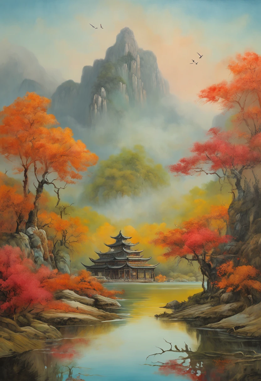 painting of a mountain landscape with a lake and a boat, illustration matte painting, by Li Tiefu, artwork in the style of z.w. gu, chinese surrealism, chinese landscape, inspired by Kanō Naizen, chinese style painting, symmetric matte painting, detailed scenery —width 672, japonisme 3 d 8 k ultra detailed